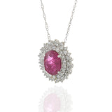 14KT White Gold Oval Ruby and Diamond Halo Pendant Necklace