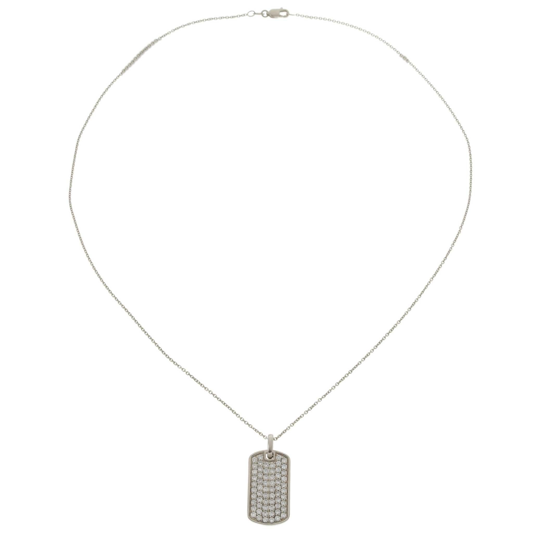 14KT White Gold 1.00CT-TW Pavé Diamond Dog Tag Pendant Necklace
