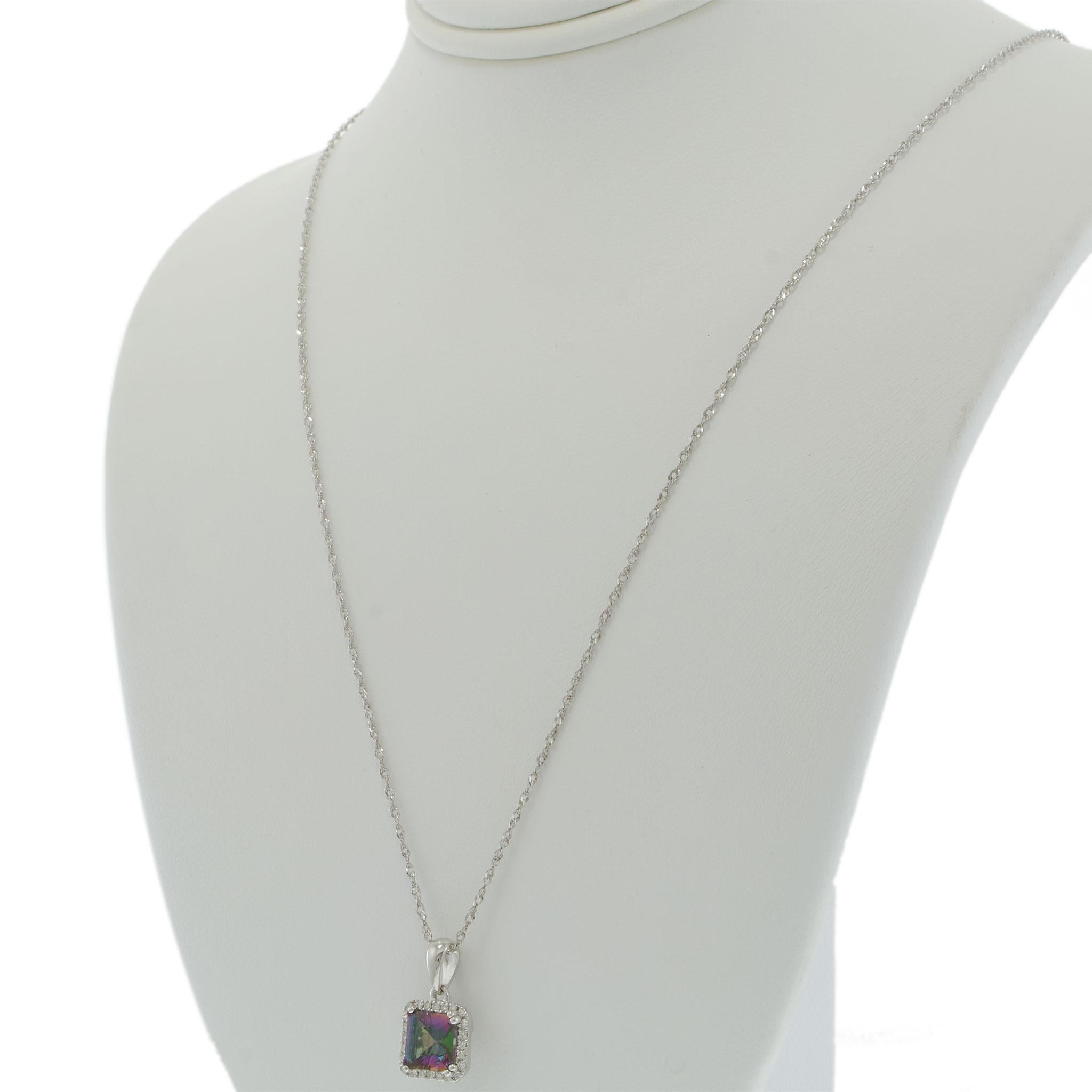 14KT White Gold Mystic Topaz and Diamond Halo Pendant Necklace