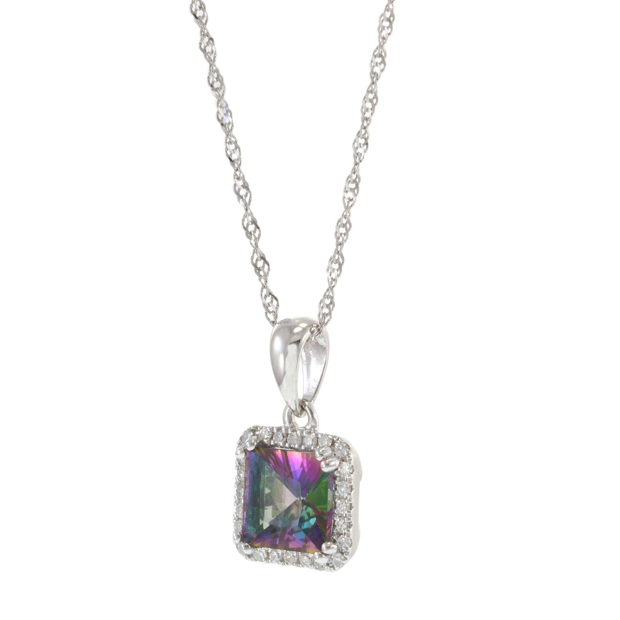 14KT White Gold Mystic Topaz and Diamond Halo Pendant Necklace