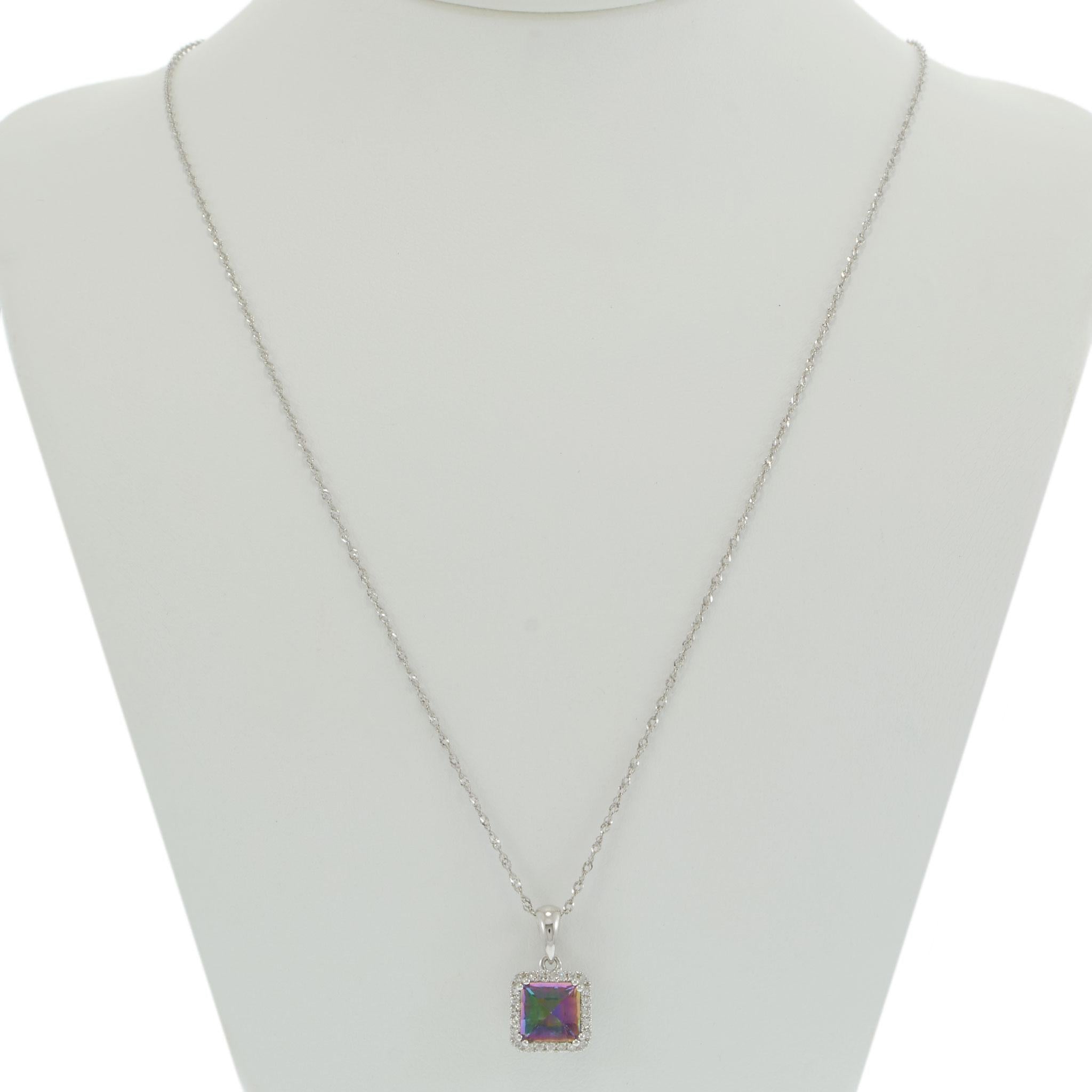 14KT White Gold Mystic Topaz and Diamond Halo Pendant Necklace