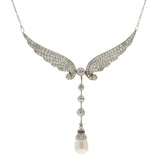 Antique Art Nouveau Era Platinum Diamond, Pearl & Ruby Angel Wings Necklace