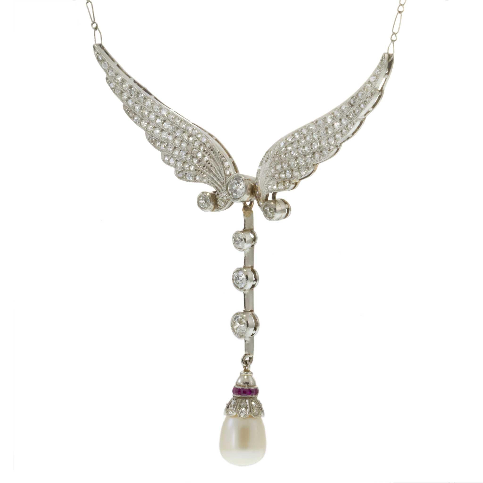 Antique Art Nouveau Era Platinum Diamond, Pearl & Ruby Angel Wings Necklace