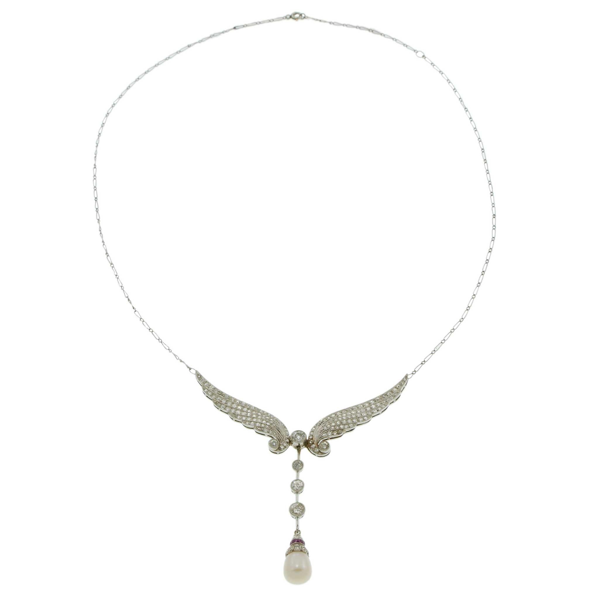 Antique Art Nouveau Era Platinum Diamond, Pearl & Ruby Angel Wings Necklace