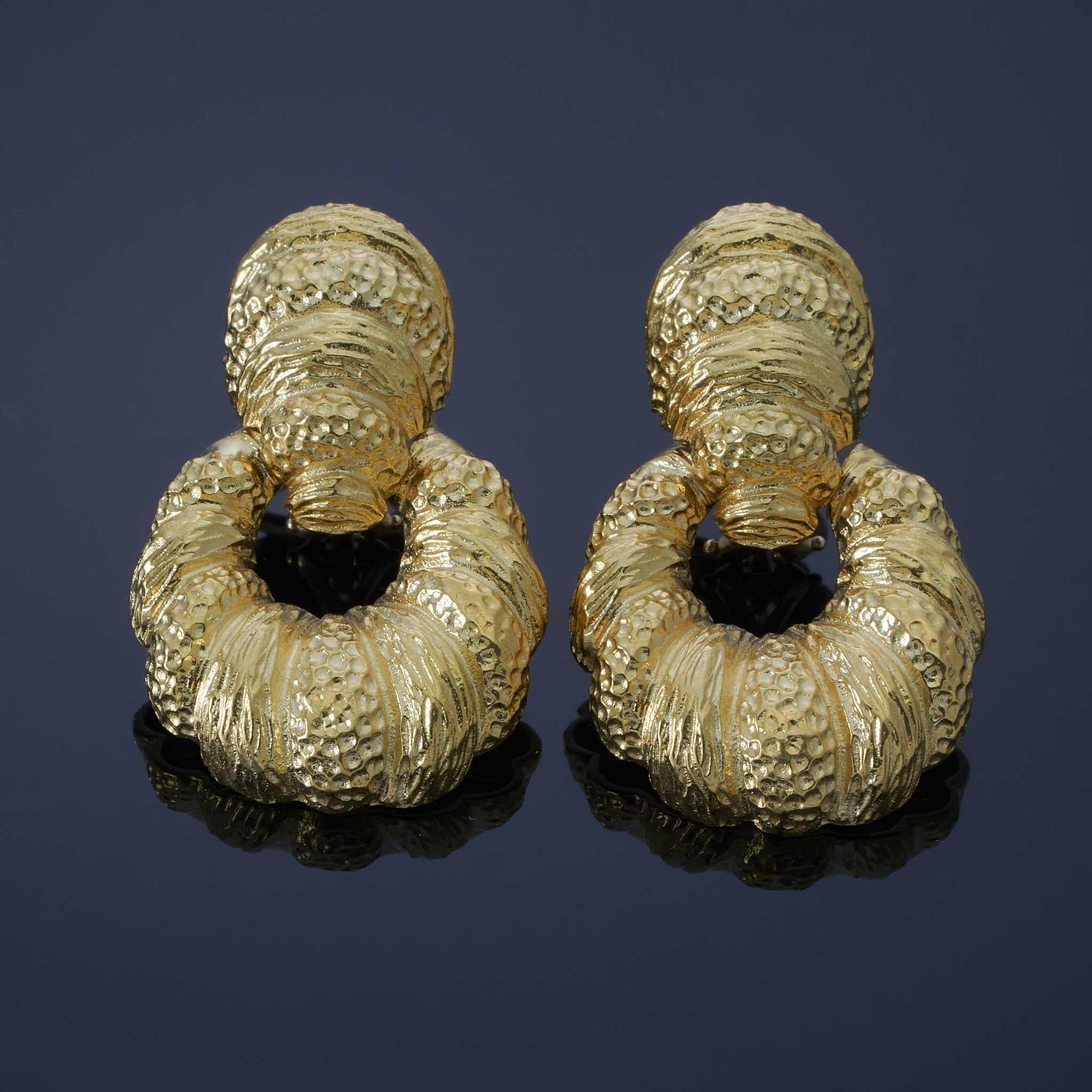 Vintage 18KT Yellow Gold Seashell Door Knocker Earrings with Omega Backs