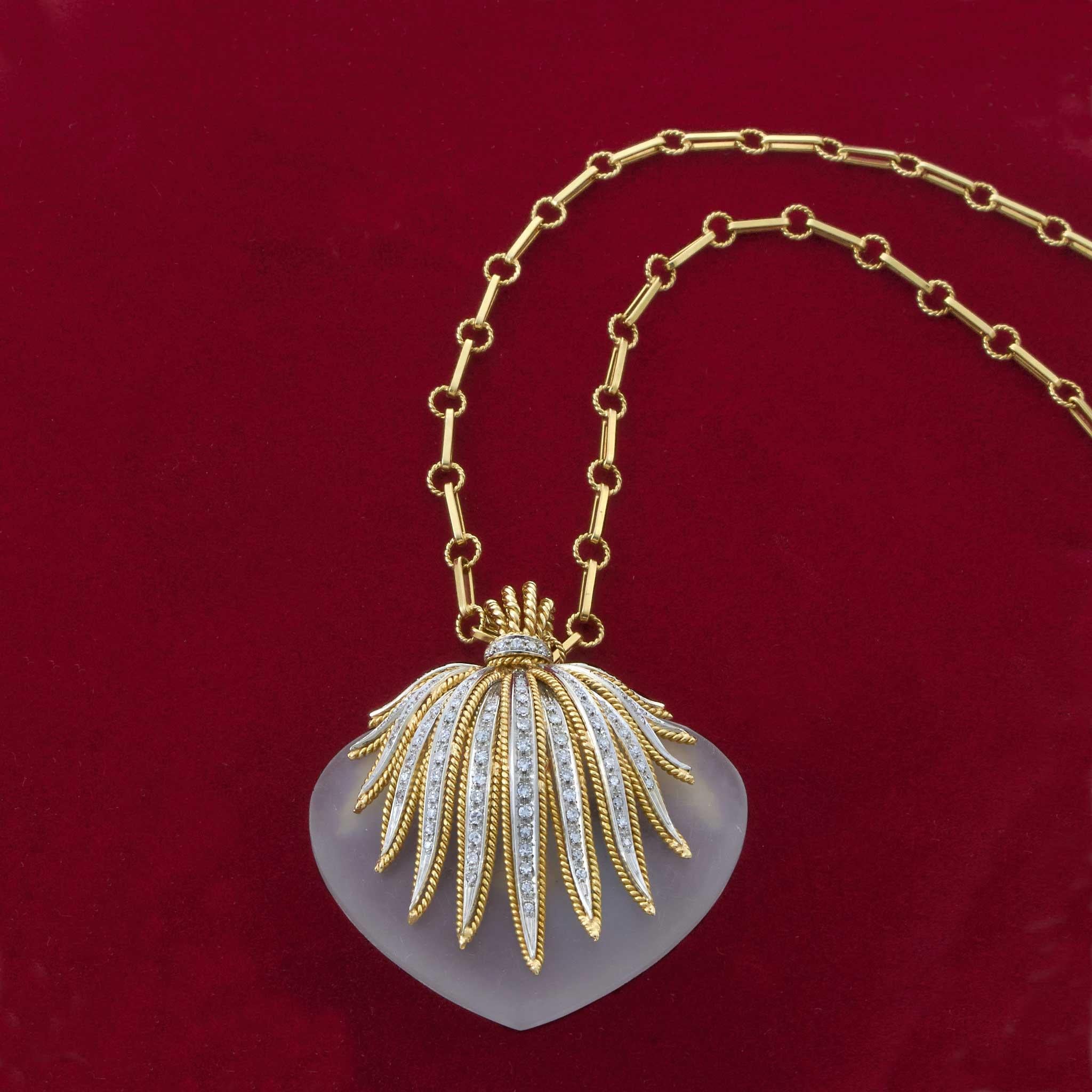 Vintage Retro Era Crystal & Diamond Heart Pendant/Brooch on 18KT Chain – 0.75CTW