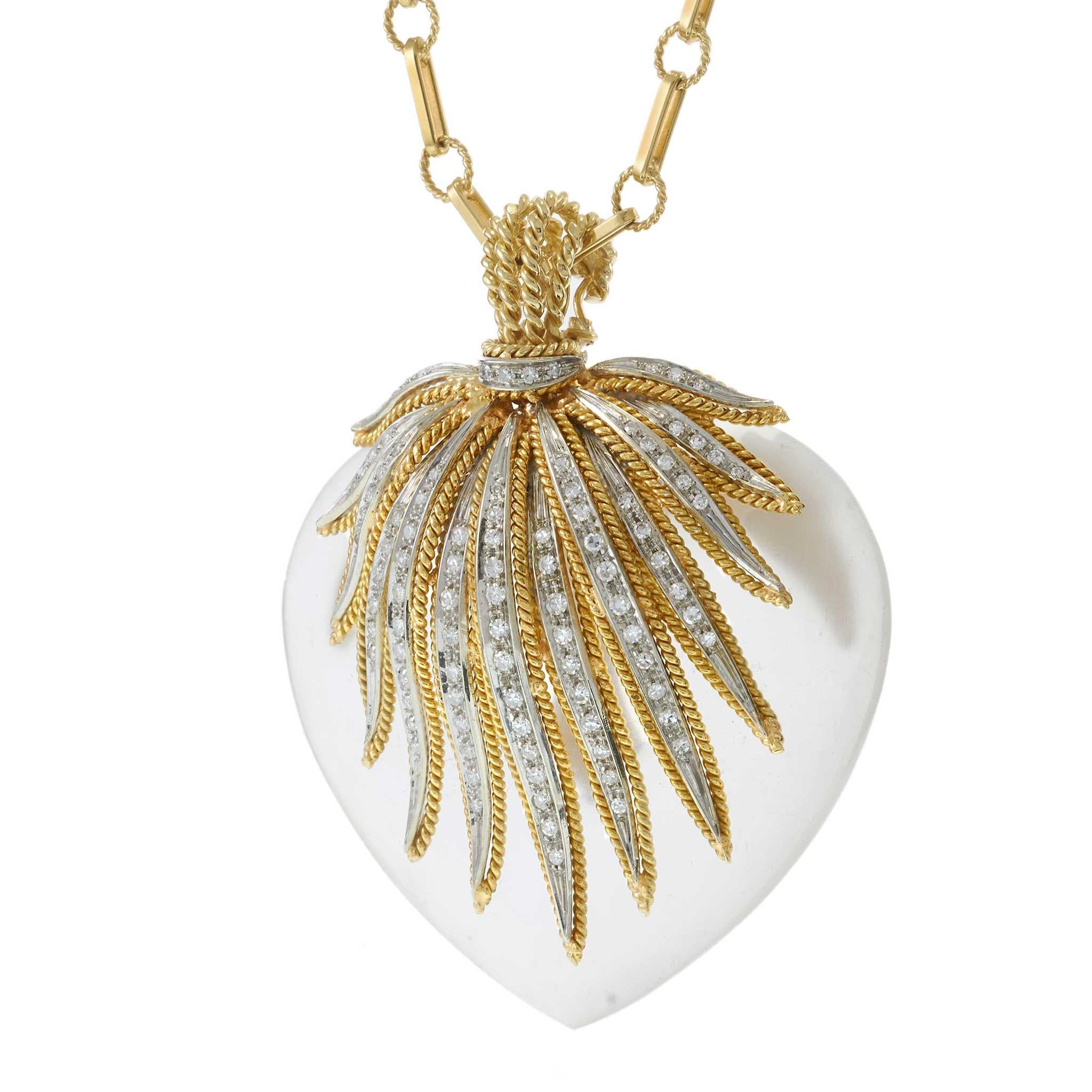 Vintage Retro Era Crystal & Diamond Heart Pendant/Brooch on 18KT Chain – 0.75CTW