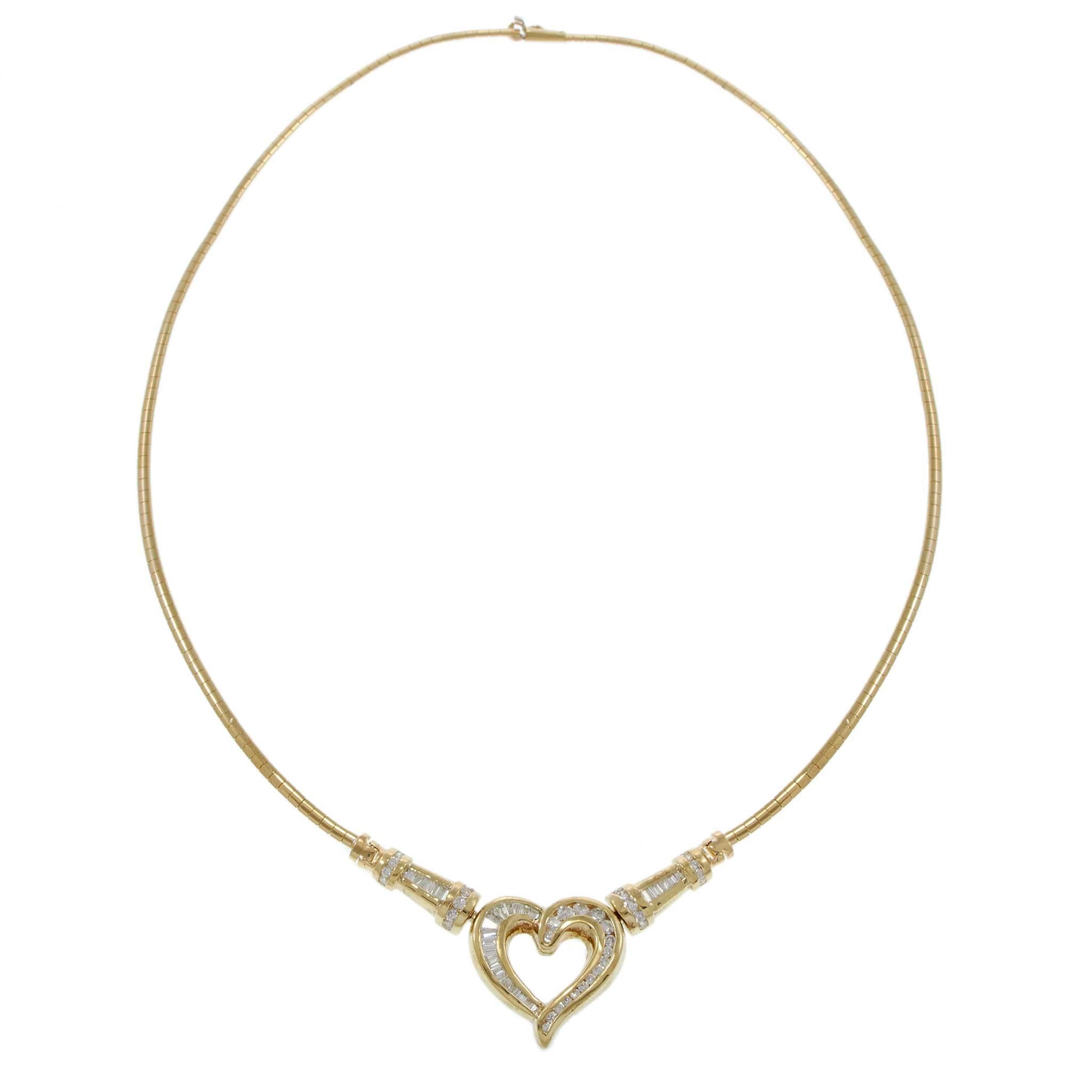 Vintage Retro Era 14KT Yellow Gold 2.00CT-TW Diamond Heart Omega Necklace