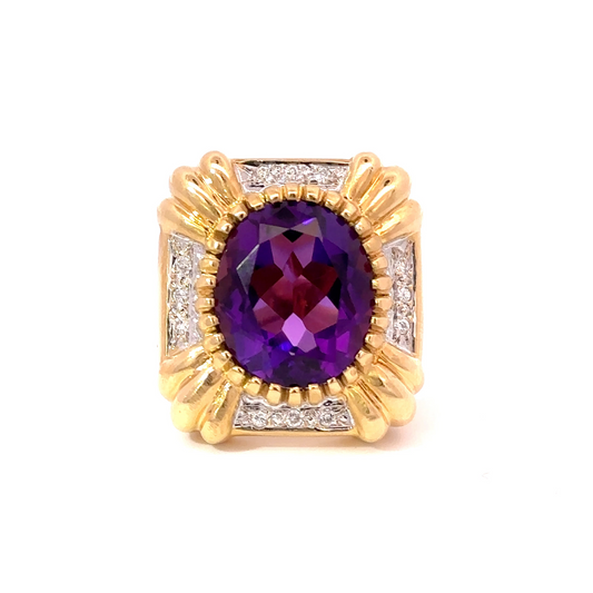Vintage 1970's Circa 18KT Yellow Gold Amethyst And Diamond Ring