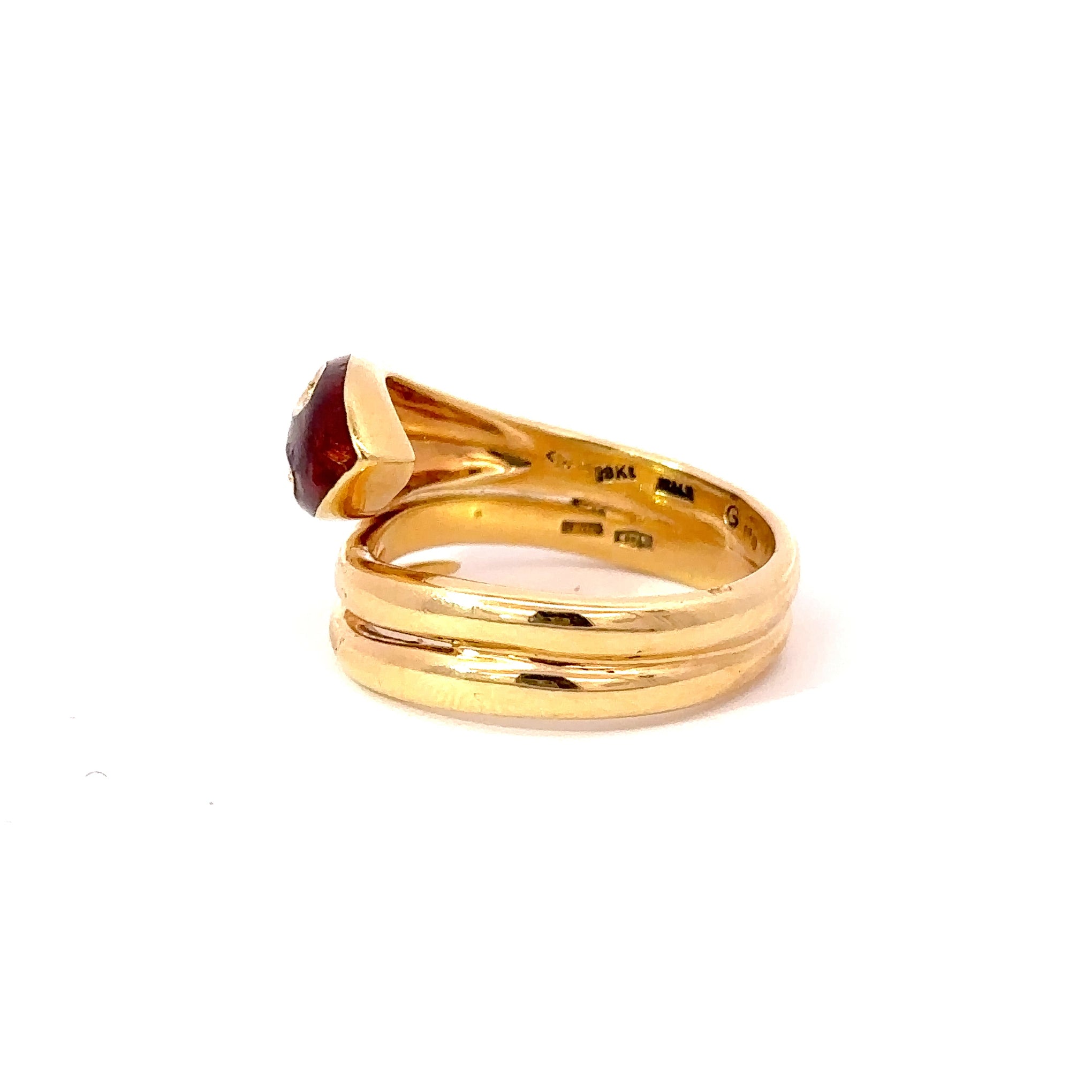 Vintage 1970s 18KT Yellow Gold Red Enamel And Diamond Snake Wrap Ring