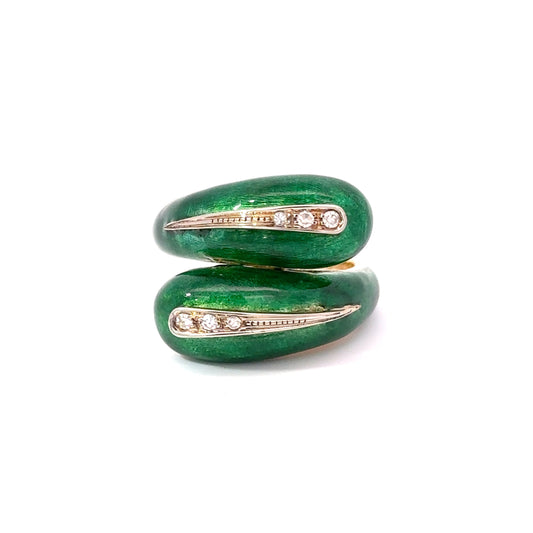 18KT Vintage Retro Era Italian Green Enamel And Diamond Wrap Ring