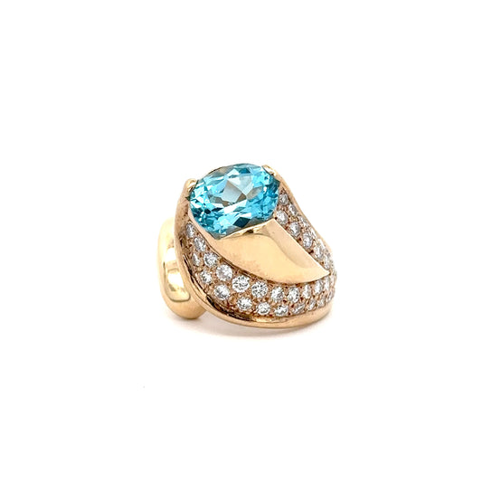 Vintage 14KT Yellow Gold  Blue Topaz and Diamond Cocktail Ring