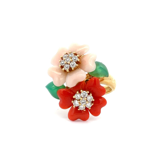 18KT Yellow Gold Estate Coral And Diamond Flower Ring