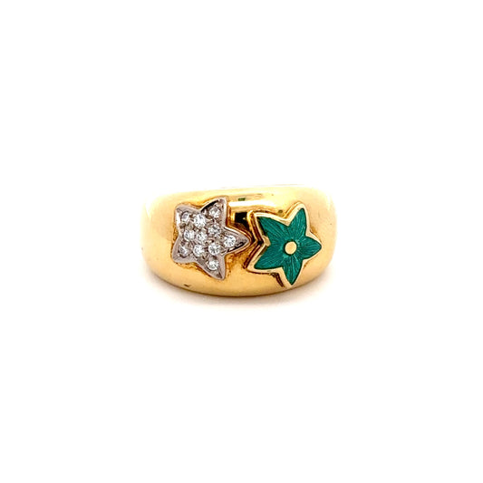 Vintage Circa 1970's 18KT Yellow Gold Green Enamel And Diamond Stars Ring
