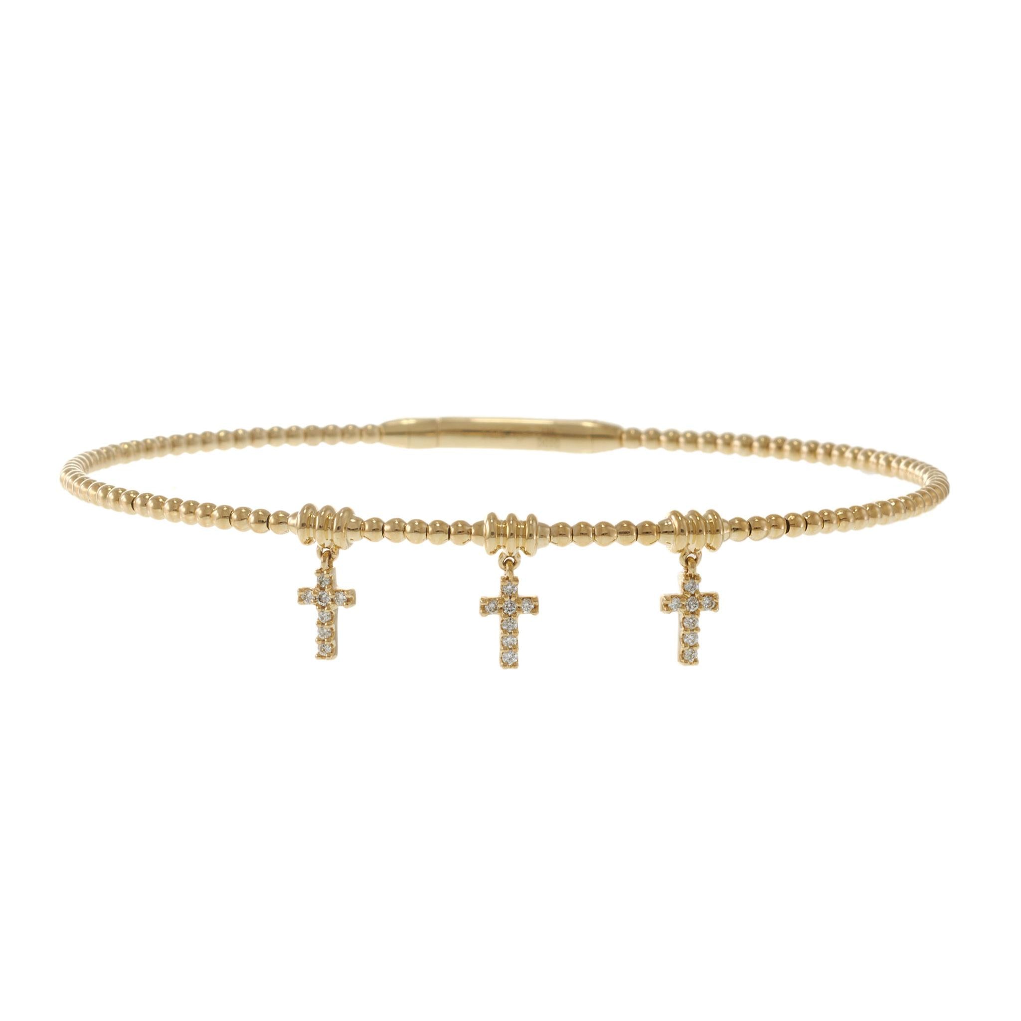 14KT Yellow Gold Beaded Flex Bangle with Three Diamond Cross Charms