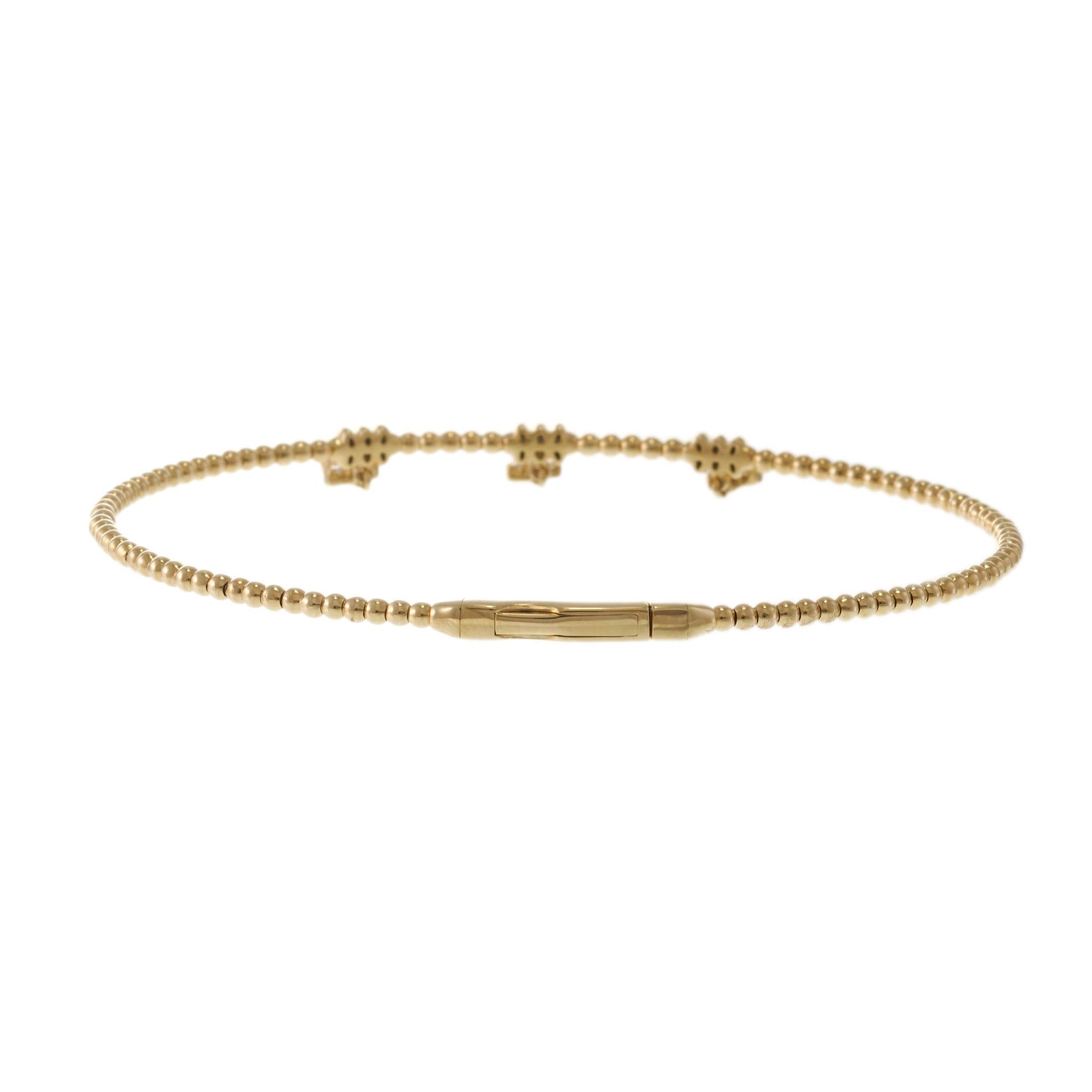 14KT Yellow Gold Beaded Flex Bangle with Three Diamond Cross Charms