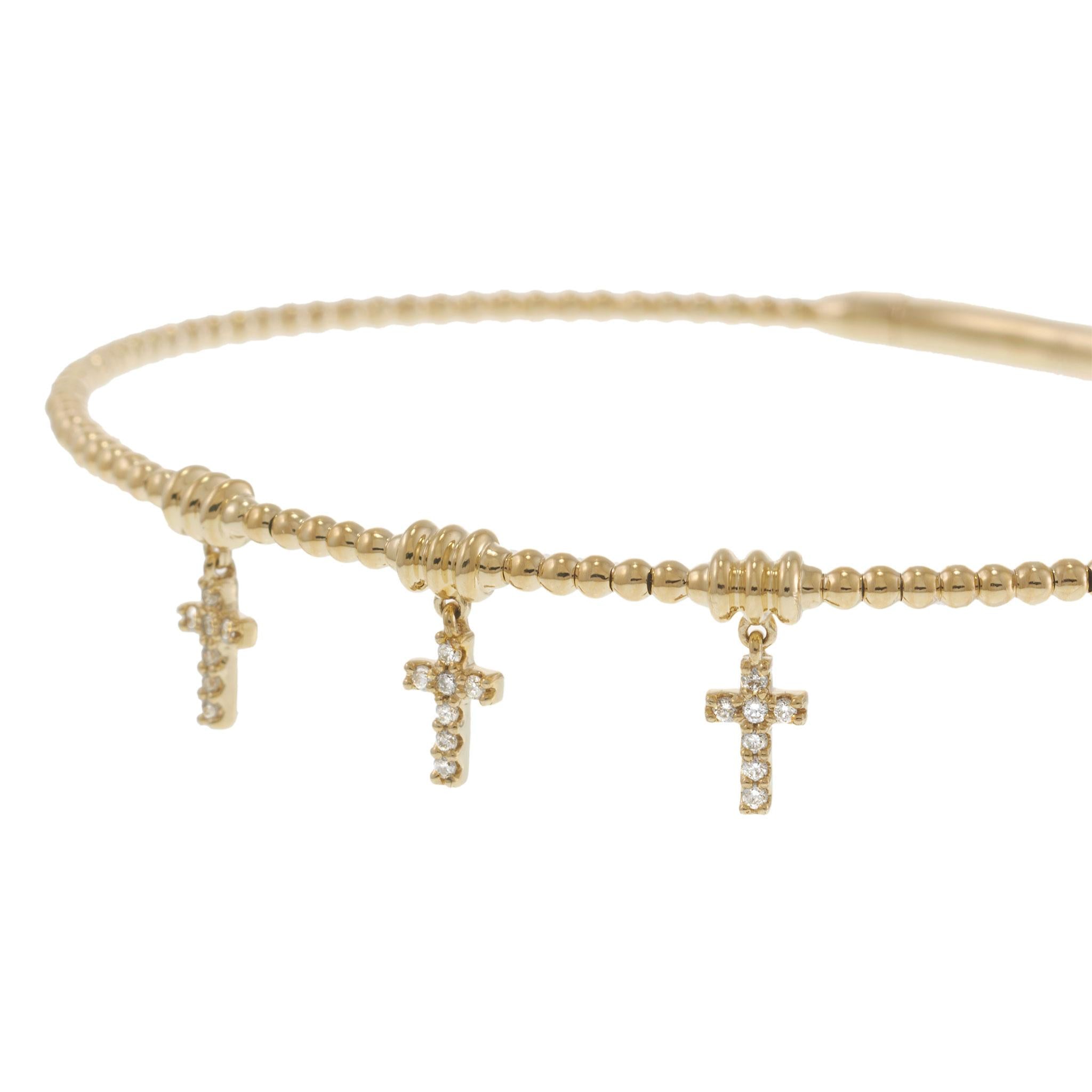 14KT Yellow Gold Beaded Flex Bangle with Three Diamond Cross Charms