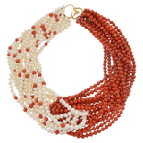 Vintage Retro Multi Strand Coral and Japanese Akoya Pearl 18KT Necklace