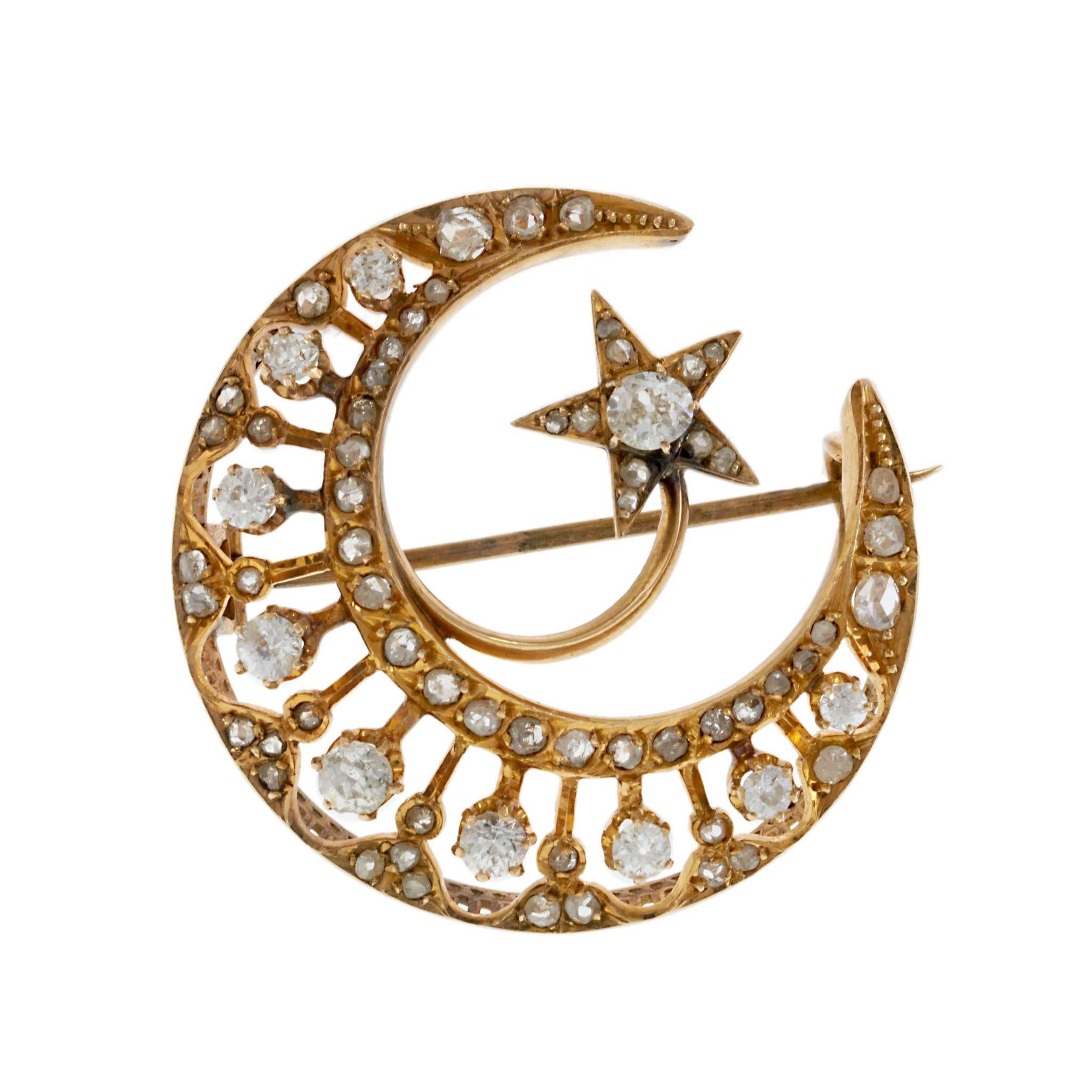 Antique Victorian Era 18KT Gold Sun, Moon, and Stars Brooch with Diamonds