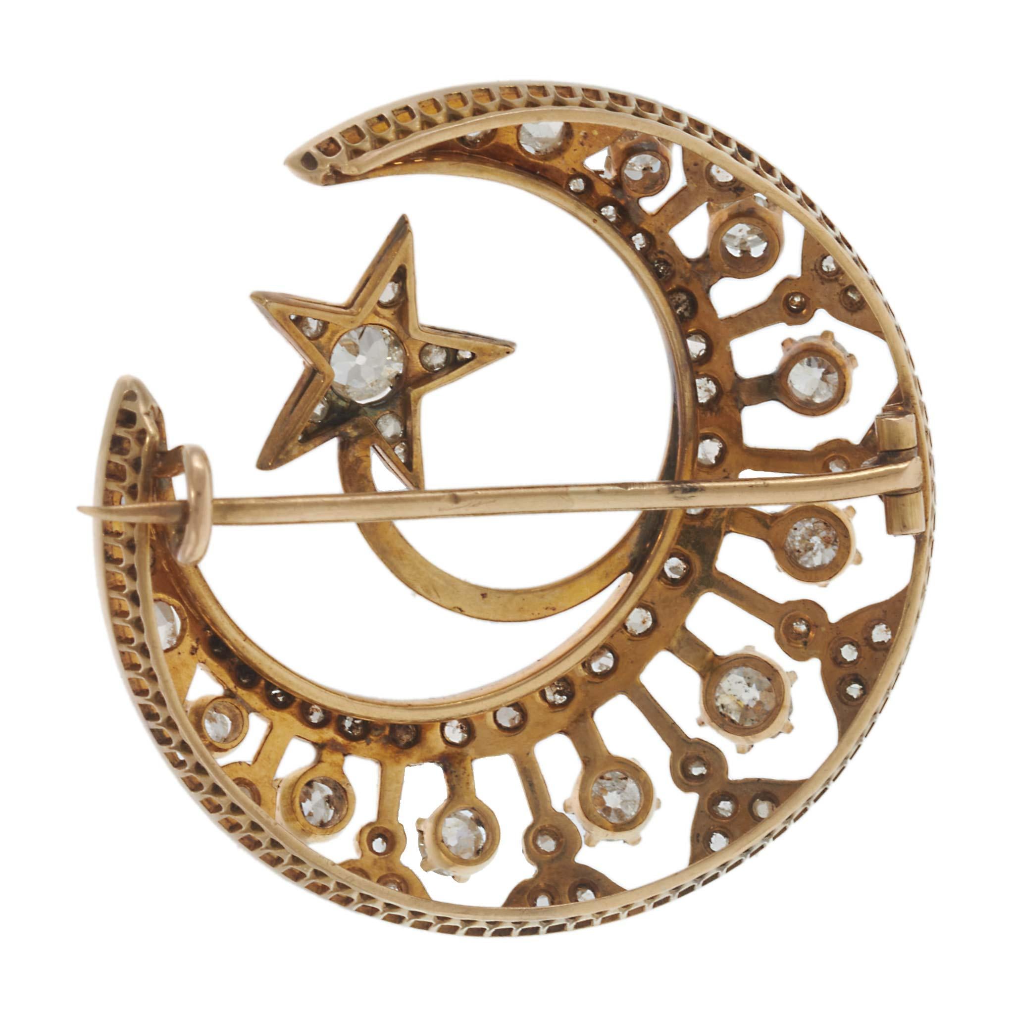 Antique Victorian Era 18KT Gold Sun, Moon, and Stars Brooch with Diamonds