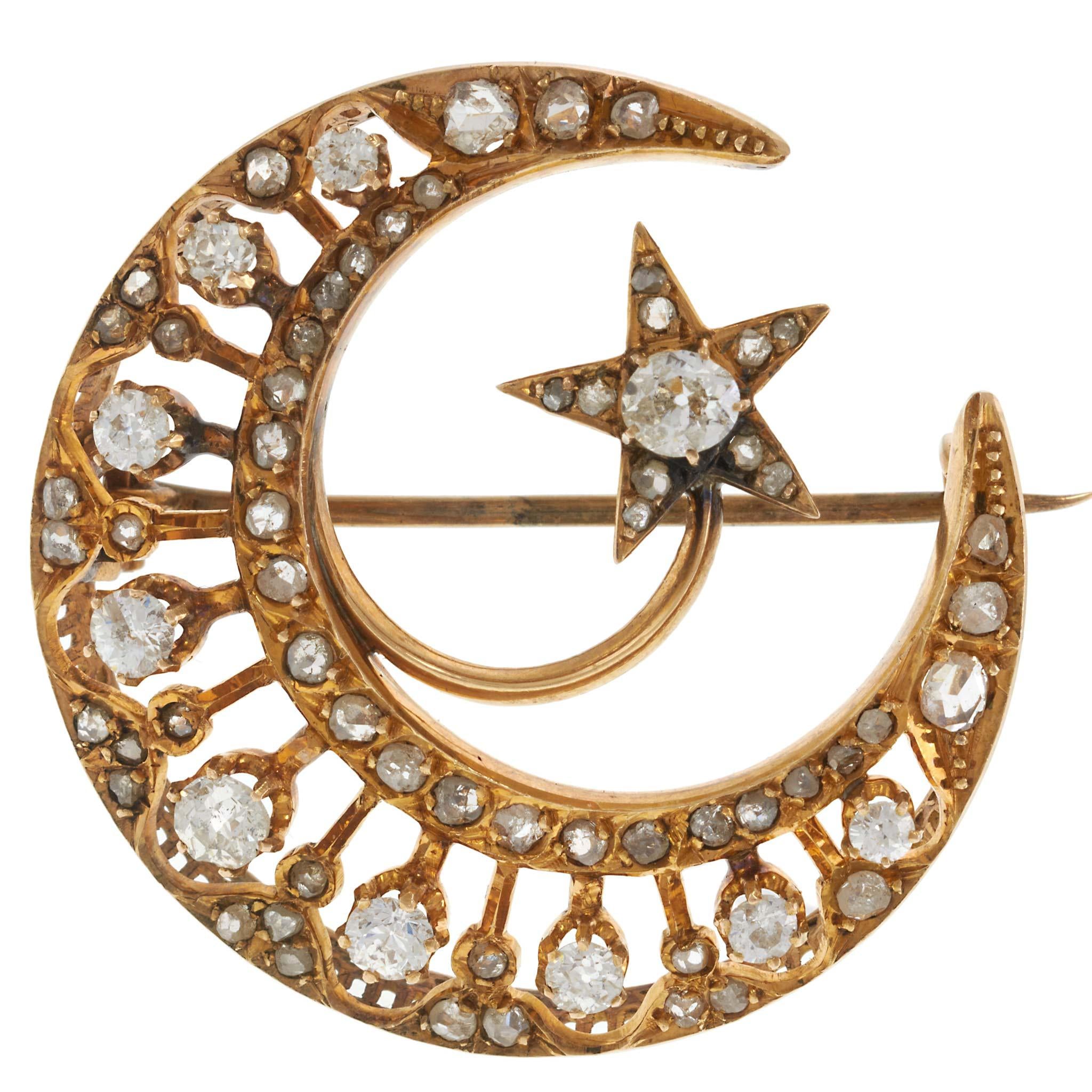 Antique Victorian Era 18KT Gold Sun, Moon, and Stars Brooch with Diamonds