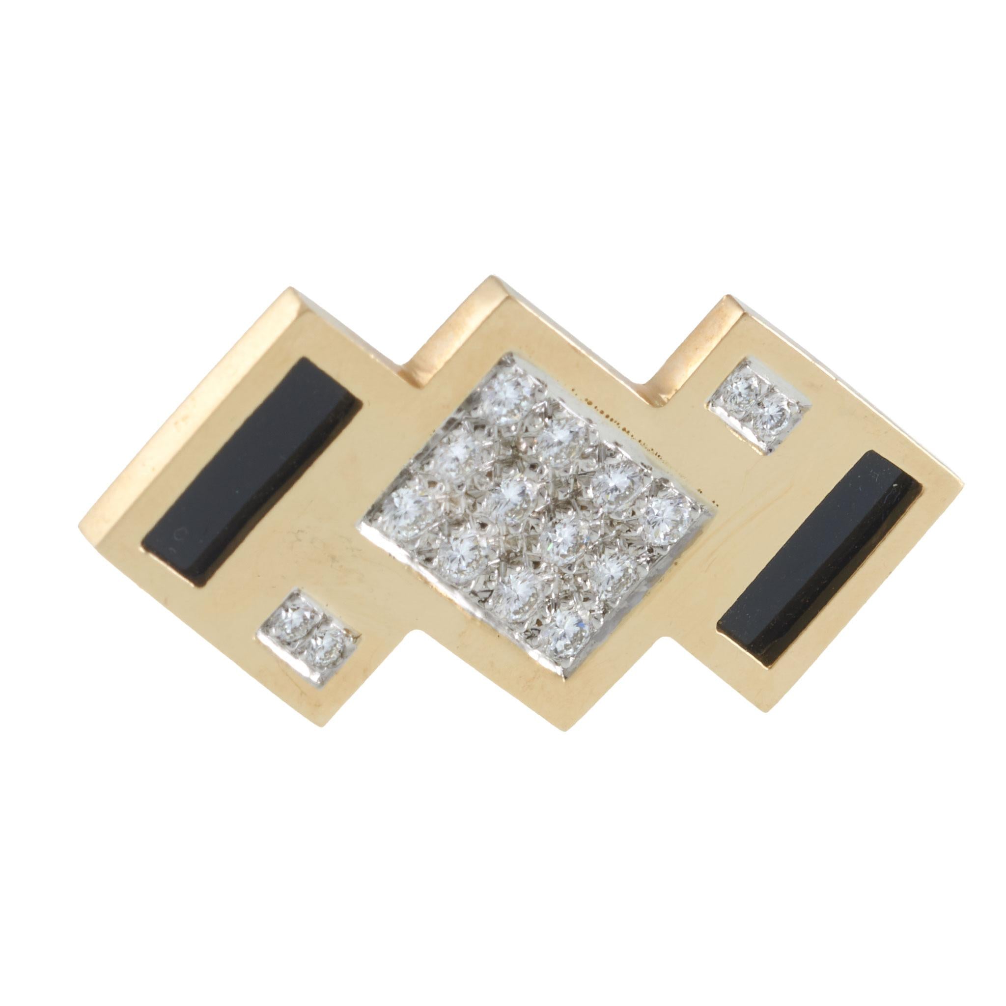 Vintage 14KT Yellow Gold 0.72CT Diamond & Black Onyx Geometric Brooch / Tie Pin