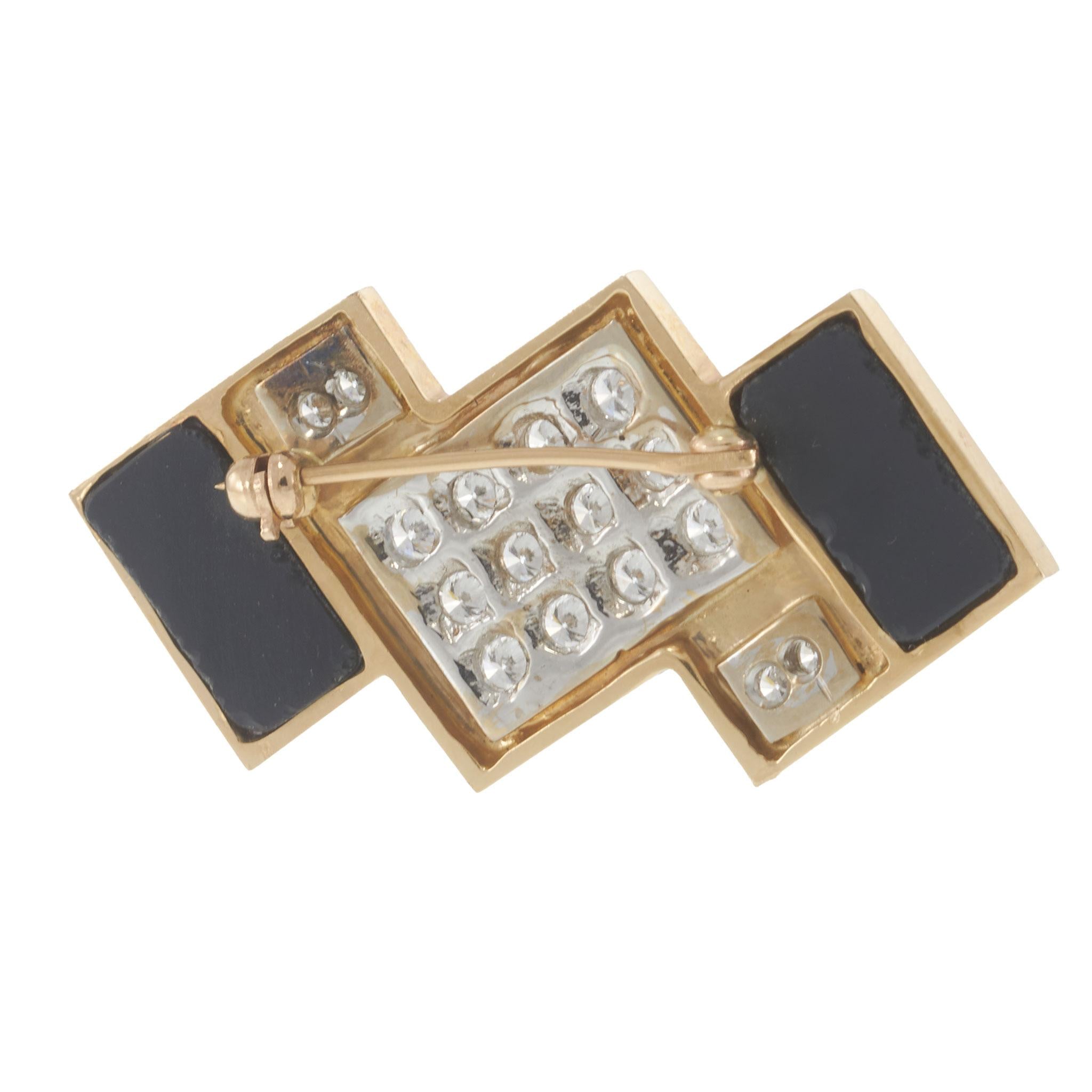 Vintage 14KT Yellow Gold 0.72CT Diamond & Black Onyx Geometric Brooch / Tie Pin