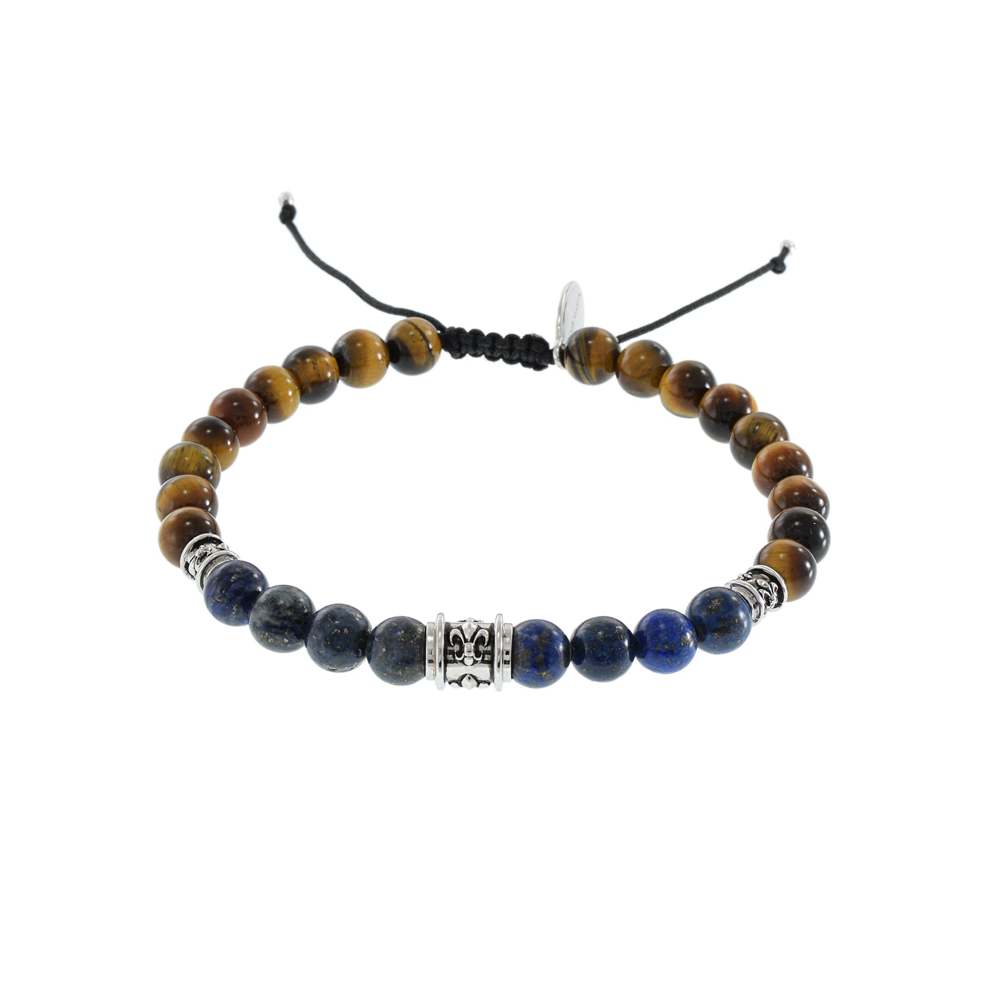 Louis Martin Lapis and Tiger Eye Bead Bracelet with Victorian Sterling Silver Links