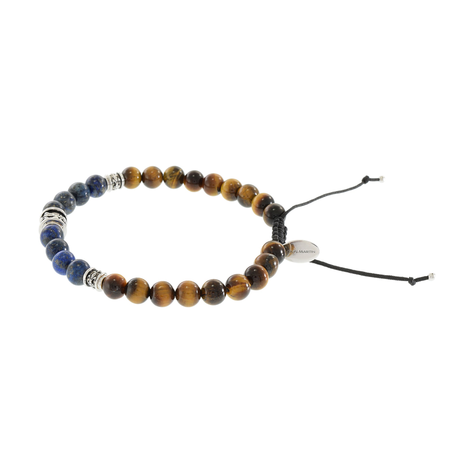 Louis Martin Lapis and Tiger Eye Bead Bracelet with Victorian Sterling Silver Links