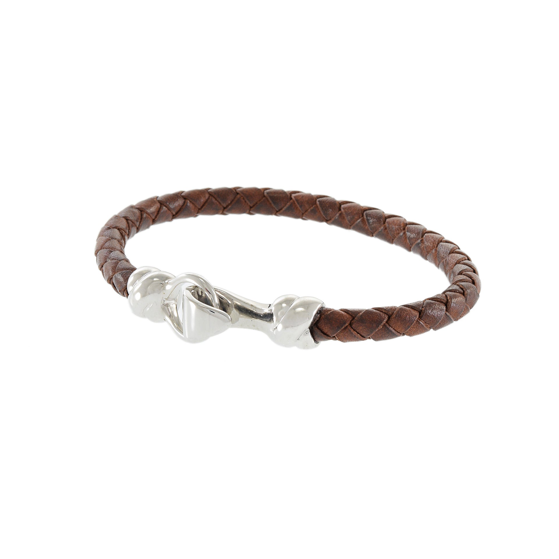 Louis Martin Sterling Silver 7.5" Italian Brown Leather Weave Bracelet