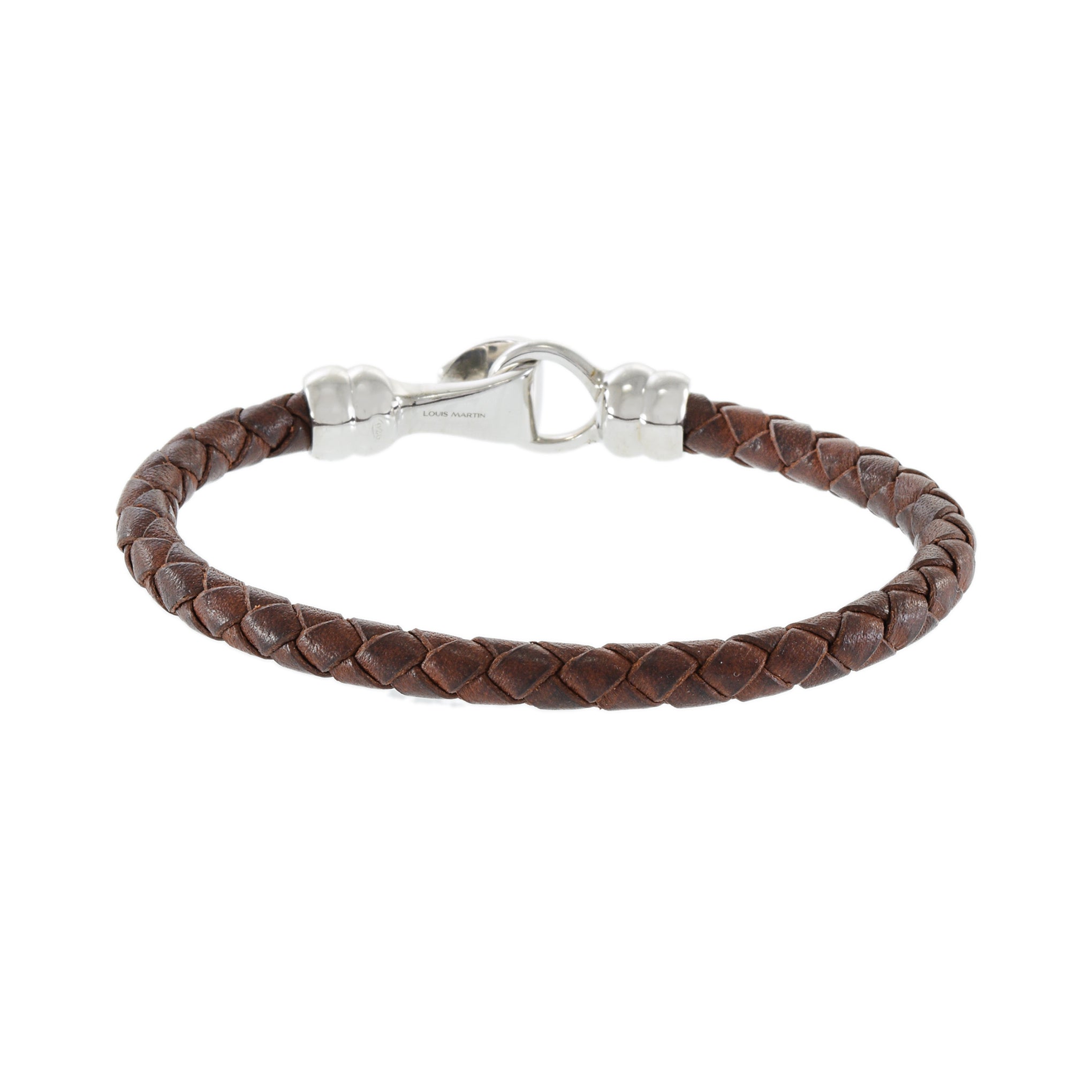 Louis Martin Sterling Silver 7.5" Italian Brown Leather Weave Bracelet