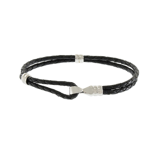 Louis Martin Black Italian Leather Sterling Silver Hook Bracelet