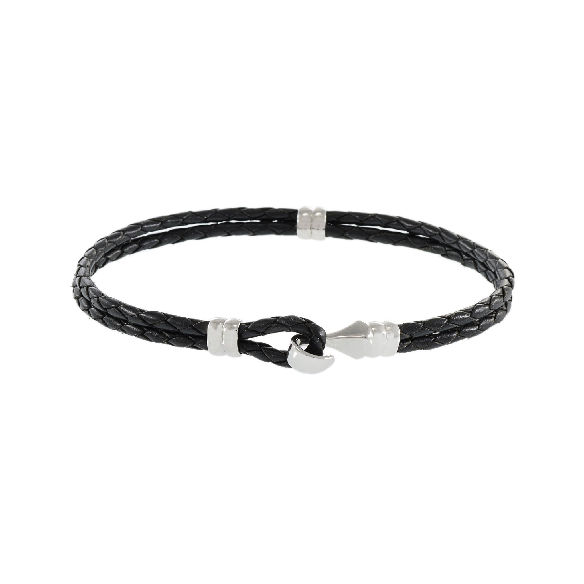 Louis Martin Sterling Silver 8.5" Italian Black Leather Weave Bracelet
