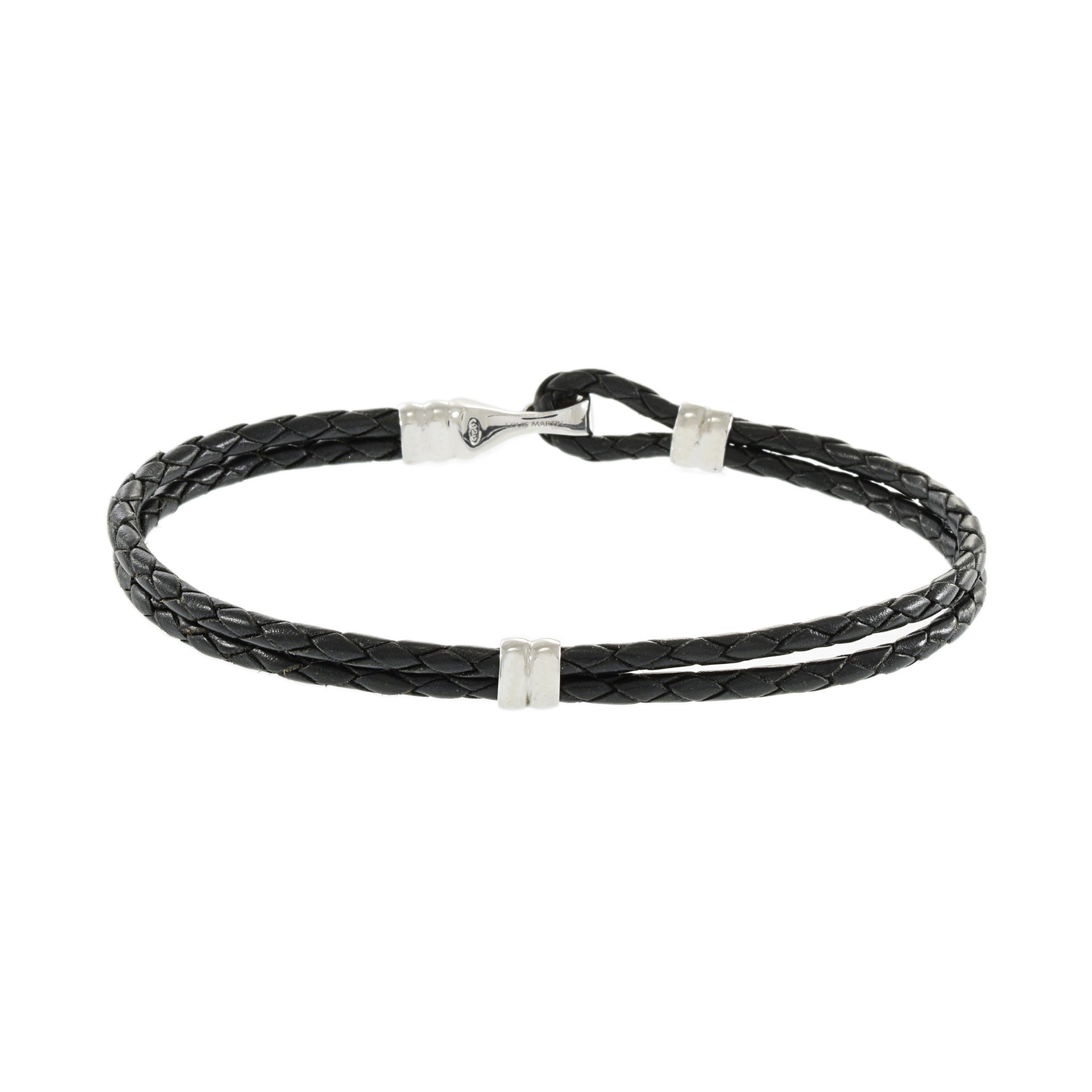 Louis Martin Sterling Silver 8.5" Italian Black Leather Weave Bracelet