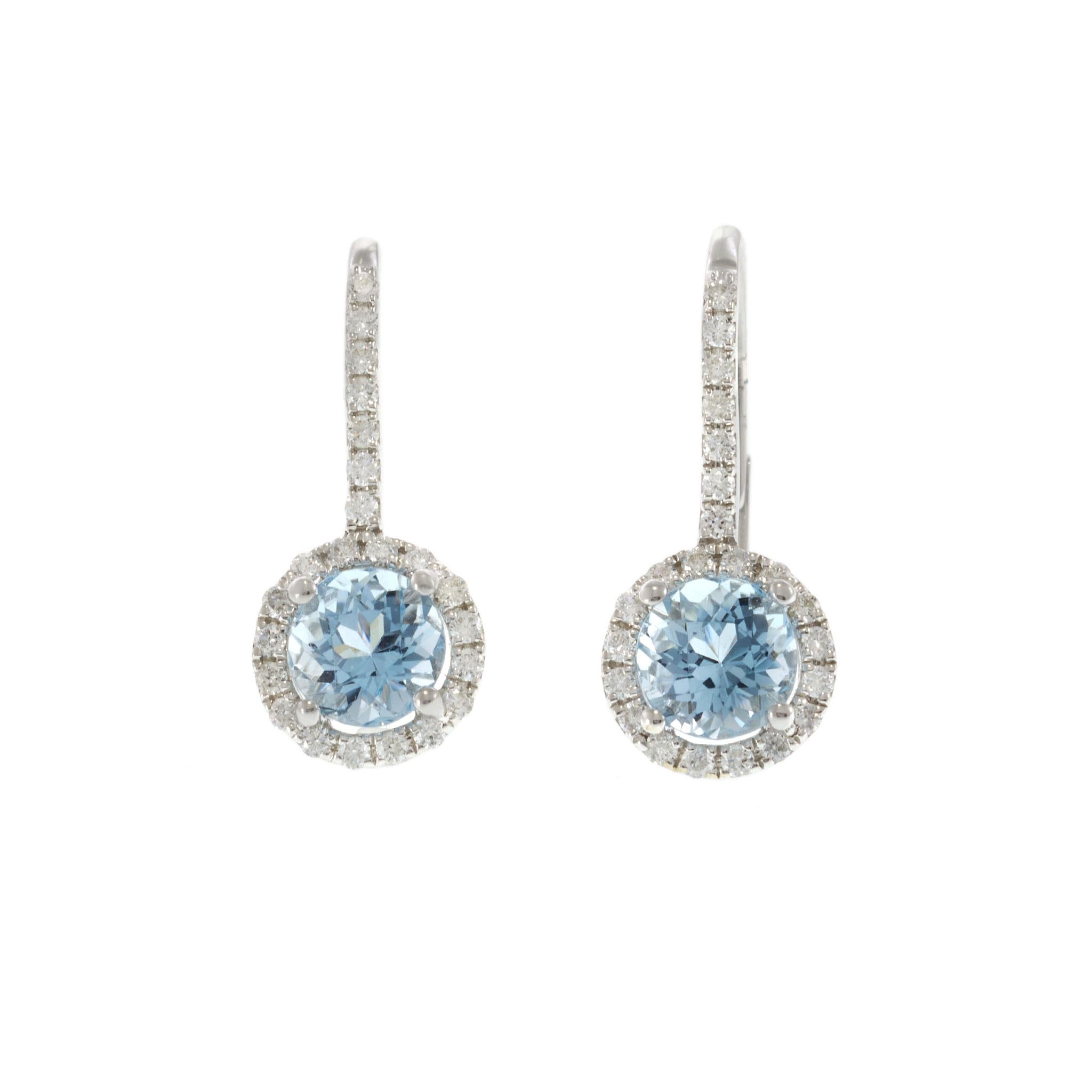 14KT White Gold Aquamarine and Diamond Halo Huggie Earrings