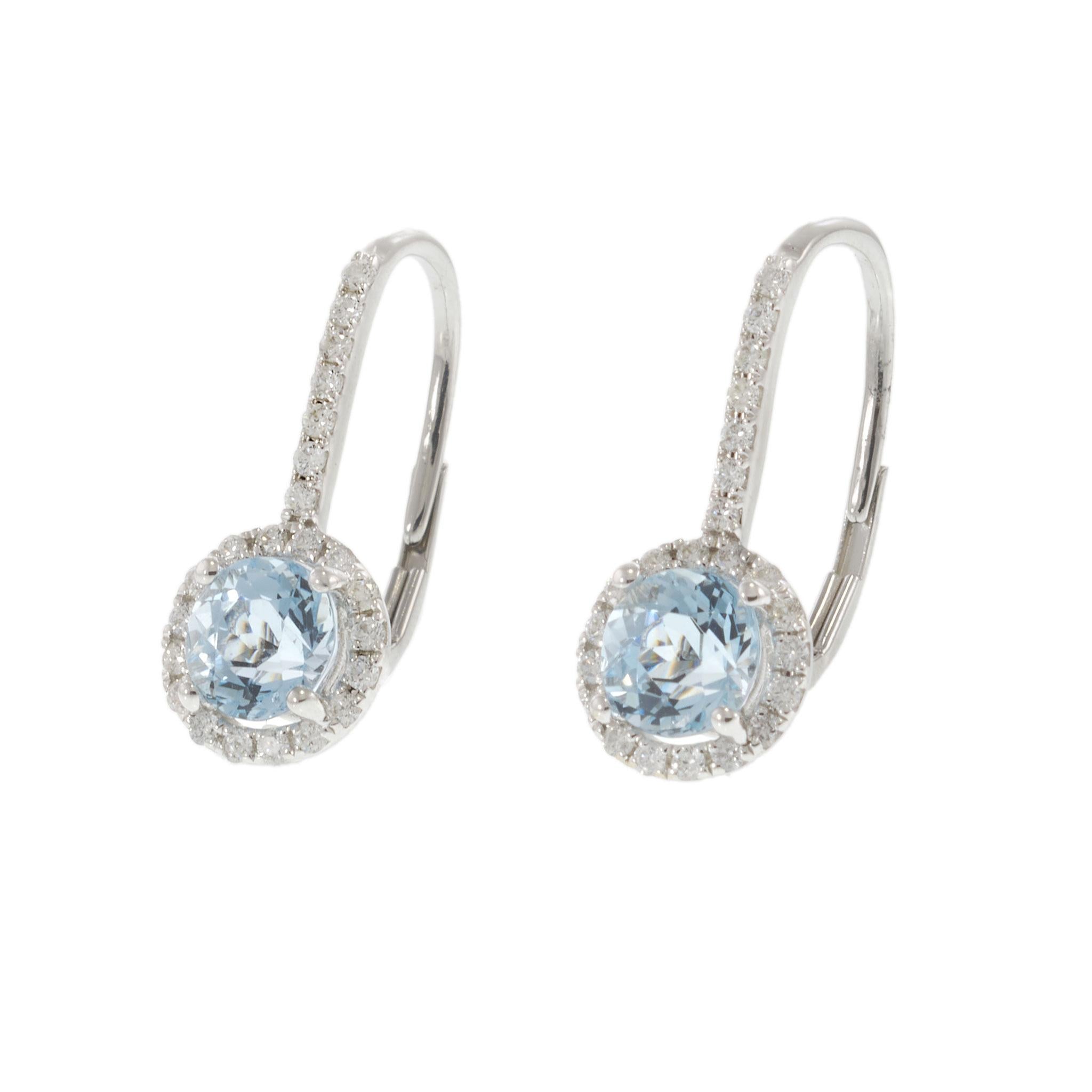 14KT White Gold Aquamarine and Diamond Halo Huggie Earrings