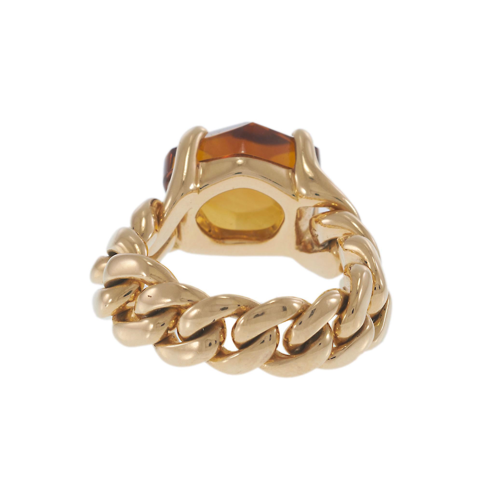 Vintage Pomellato 18KT Yellow Gold Madeira Quartz Cuban Link Ring
