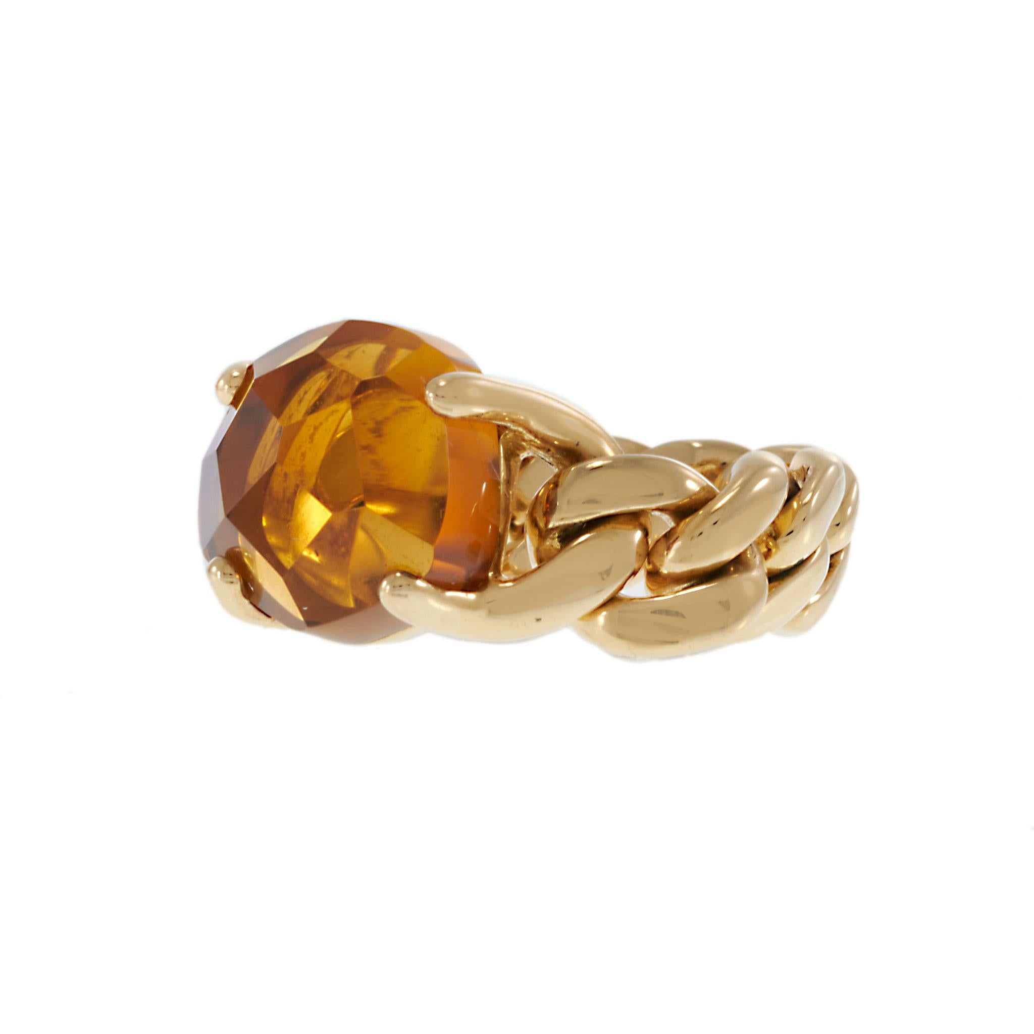 Vintage Pomellato 18KT Yellow Gold Madeira Quartz Cuban Link Ring