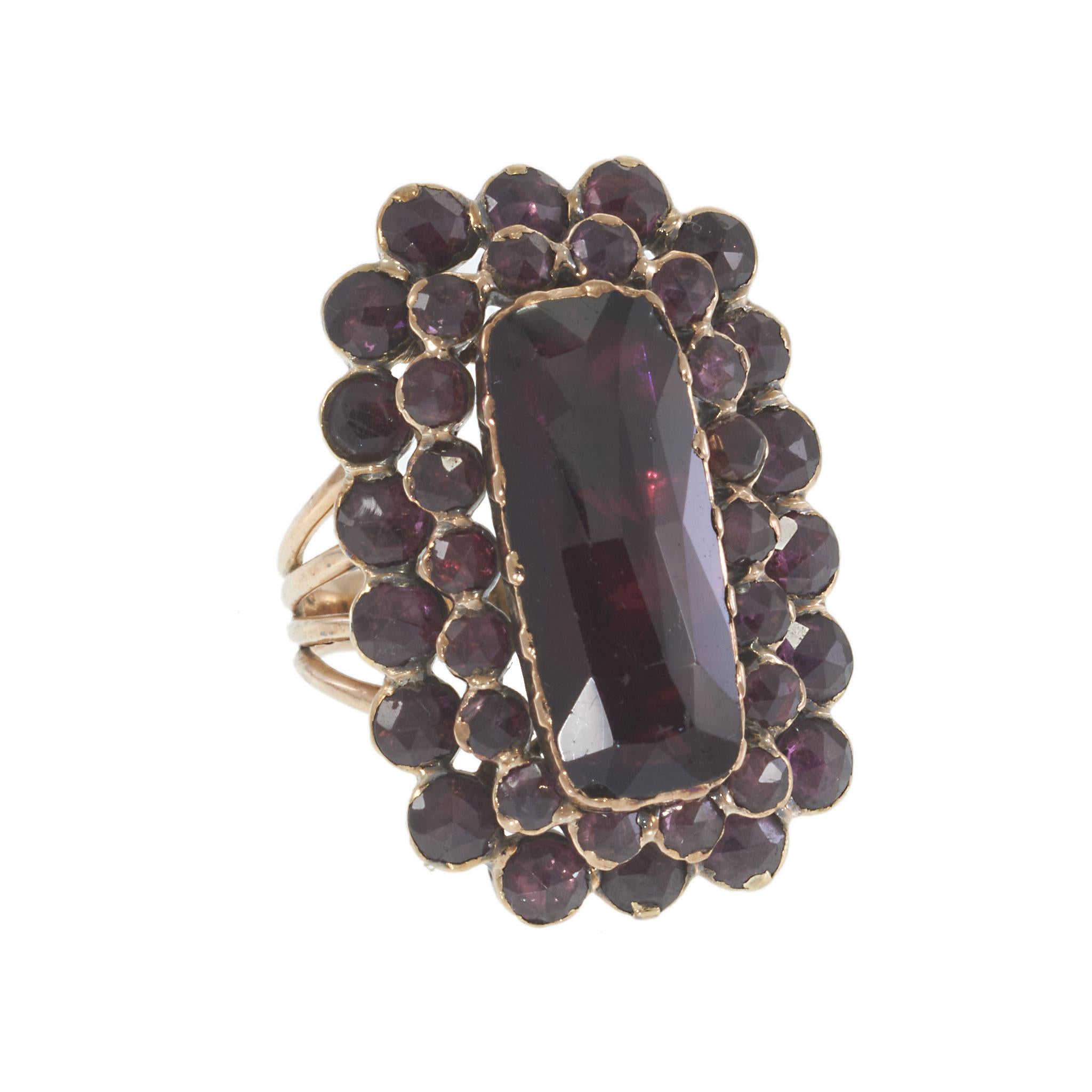 Victorian Era Rubellite and Old Cut Gemstone Cluster Ring in 14KT Yellow Gold