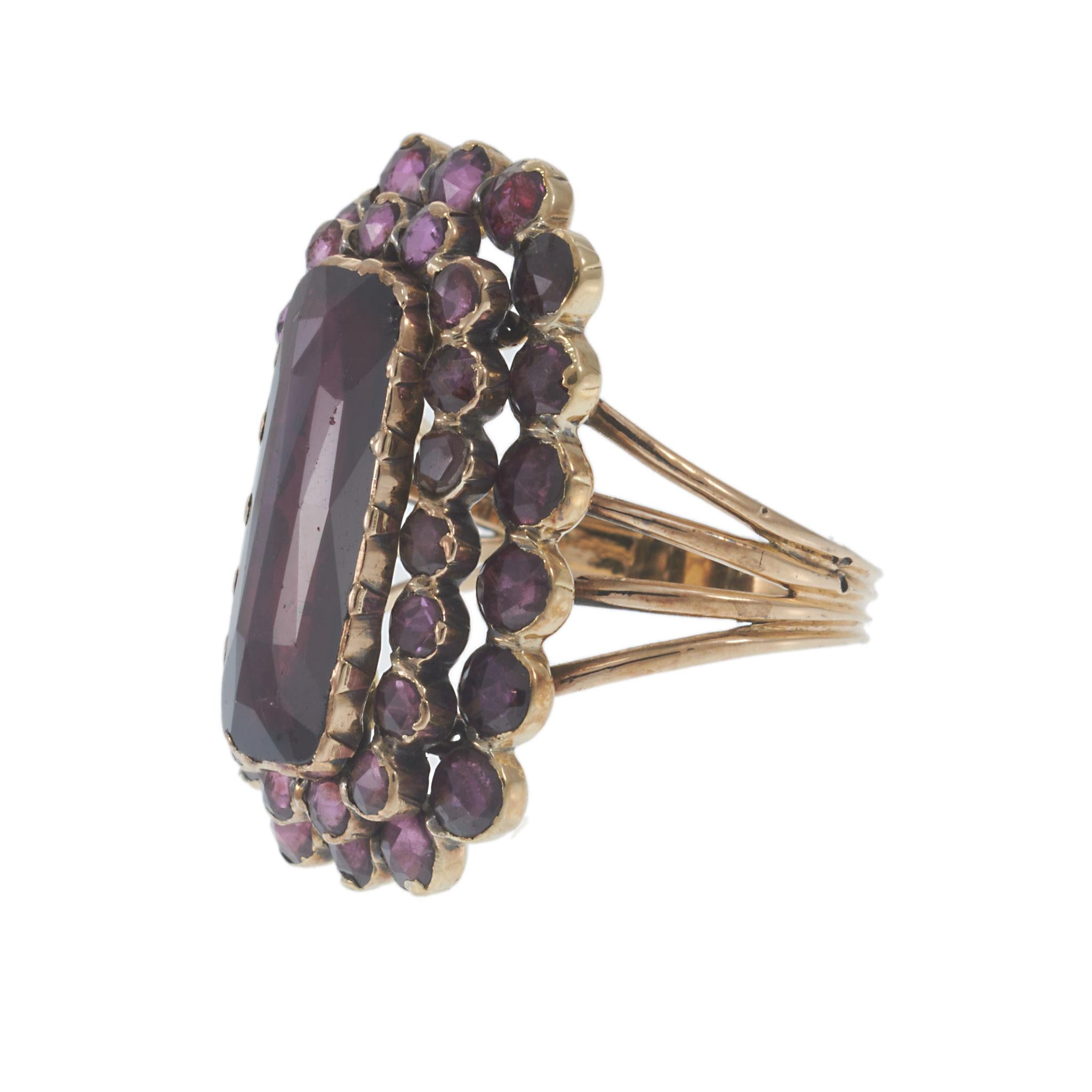Victorian Era Rubellite and Old Cut Gemstone Cluster Ring in 14KT Yellow Gold