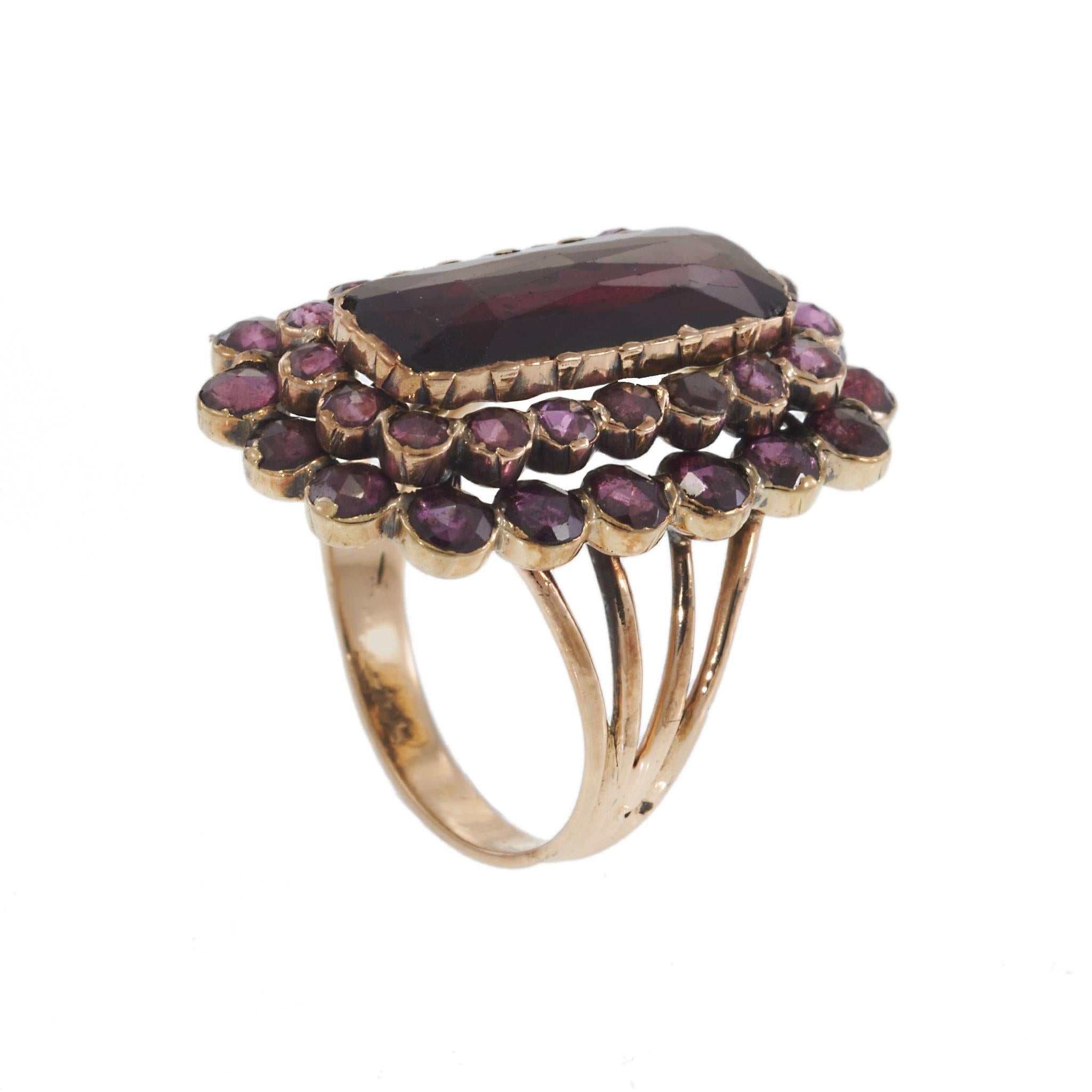 Victorian Era Rubellite and Old Cut Gemstone Cluster Ring in 14KT Yellow Gold