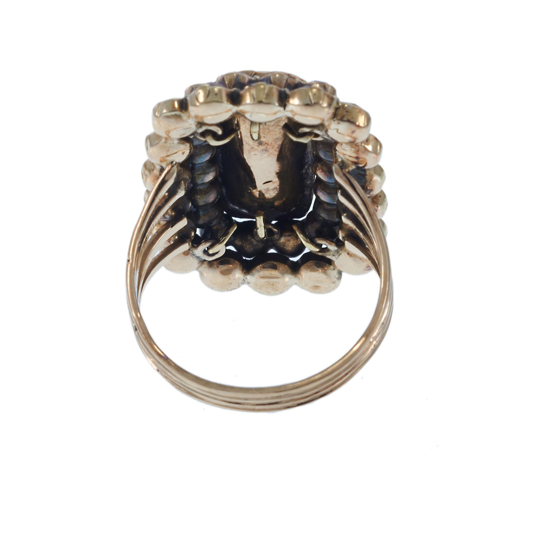 Victorian Era Rubellite and Old Cut Gemstone Cluster Ring in 14KT Yellow Gold