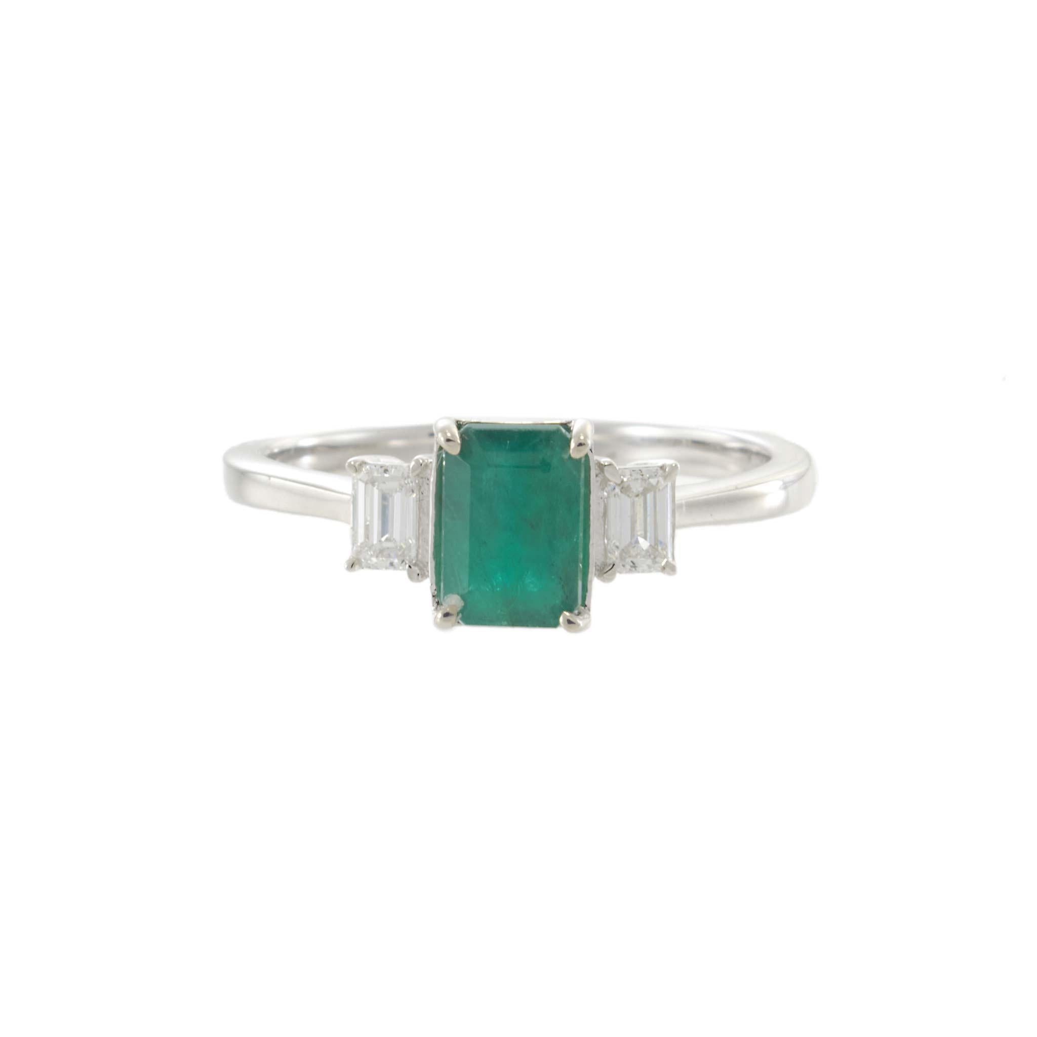 14KT White Gold Emerald and Diamond Three-Stone Ring