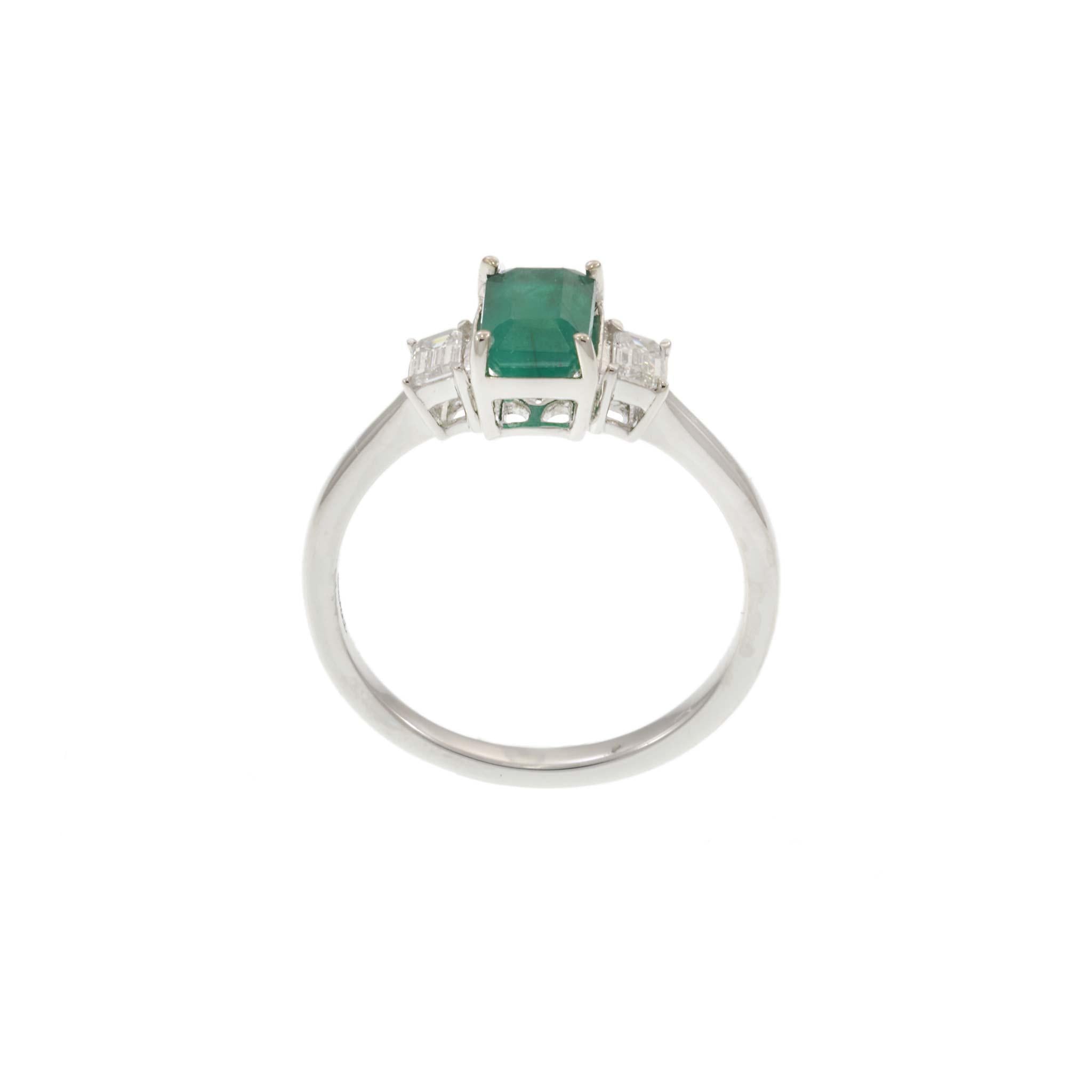 14KT White Gold Emerald and Diamond Three-Stone Ring