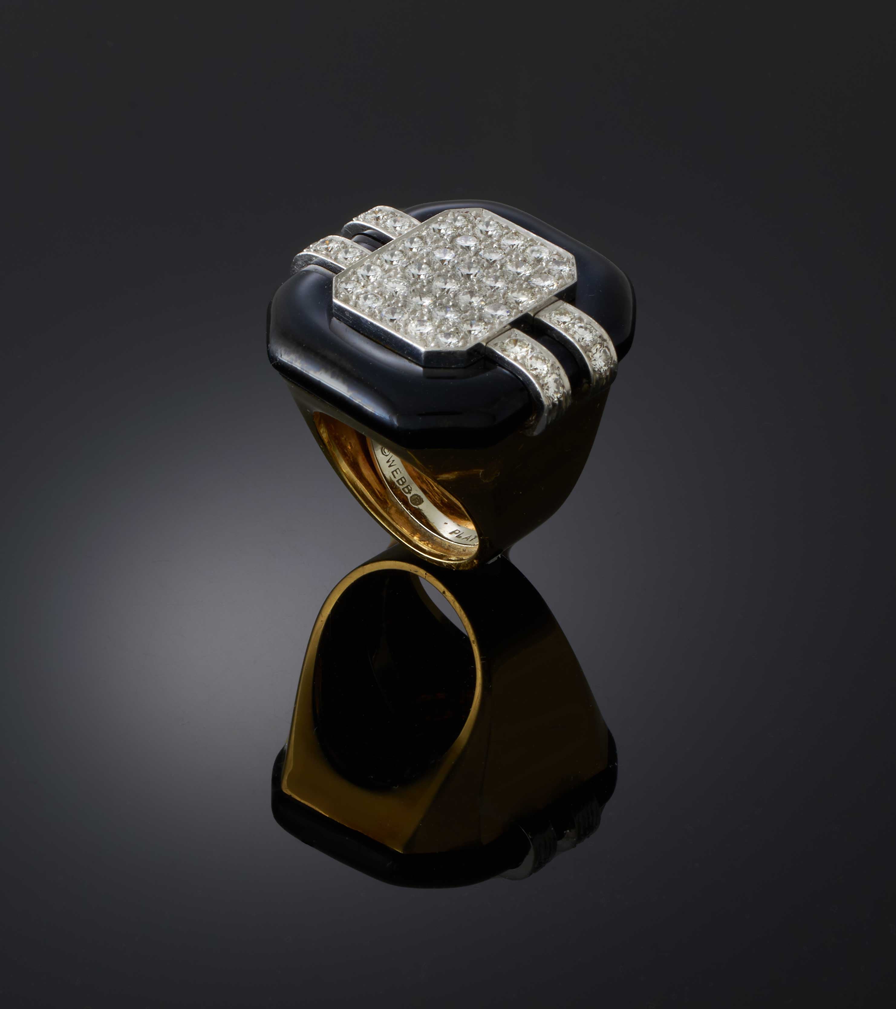 Vintage Signed David Webb Onyx and Diamond Cocktail Ring