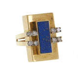 Vintage Retro 18KT Yellow Gold Rectangular Lapis & Diamond Cocktail Ring
