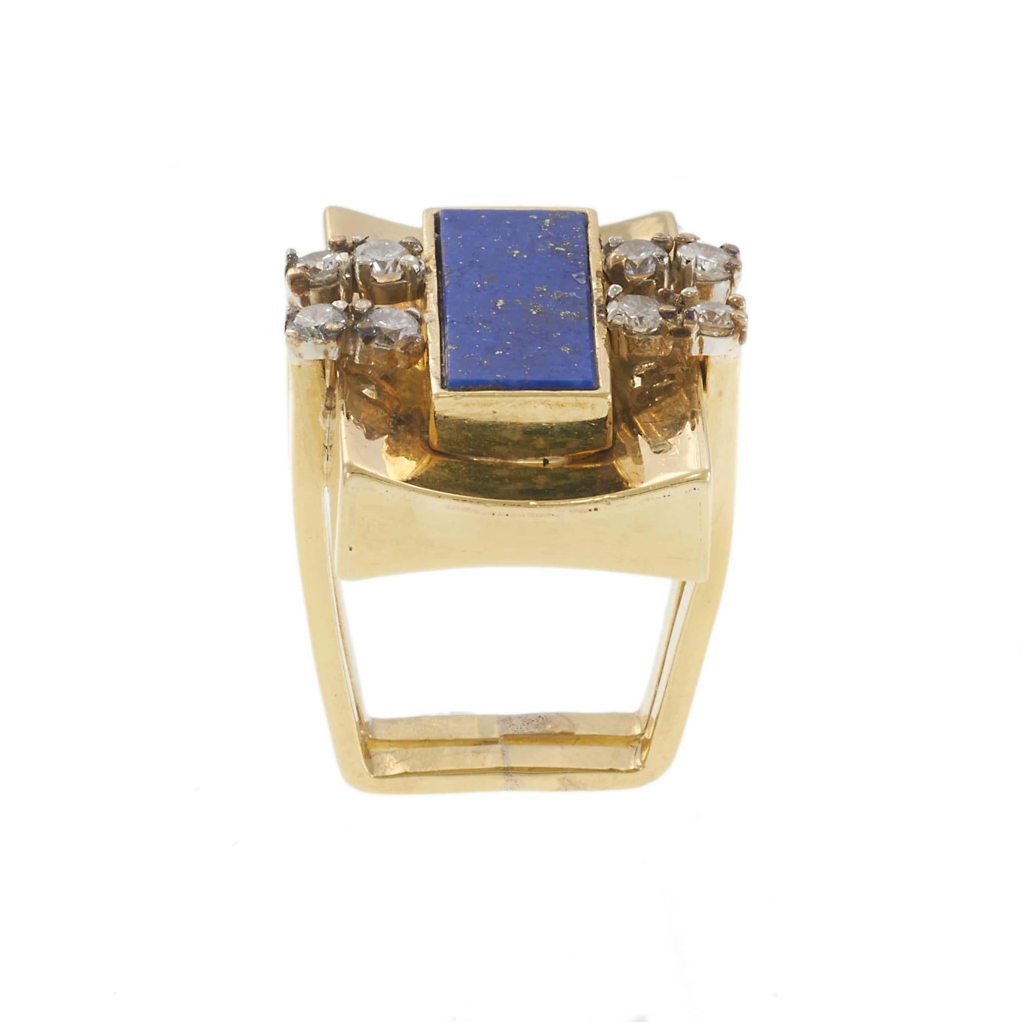 Vintage Retro 18KT Yellow Gold Rectangular Lapis & Diamond Cocktail Ring