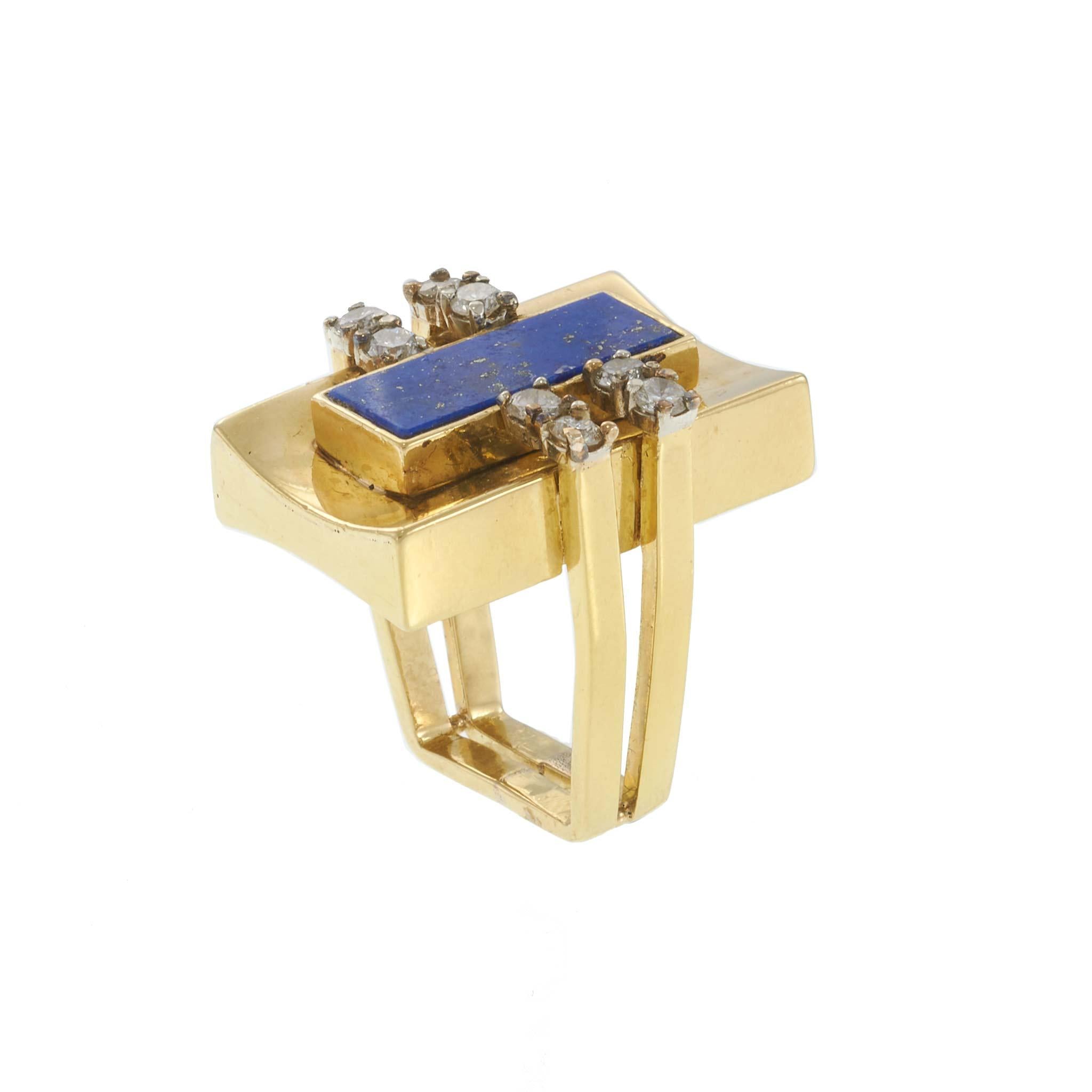 Vintage Retro 18KT Yellow Gold Rectangular Lapis & Diamond Cocktail Ring