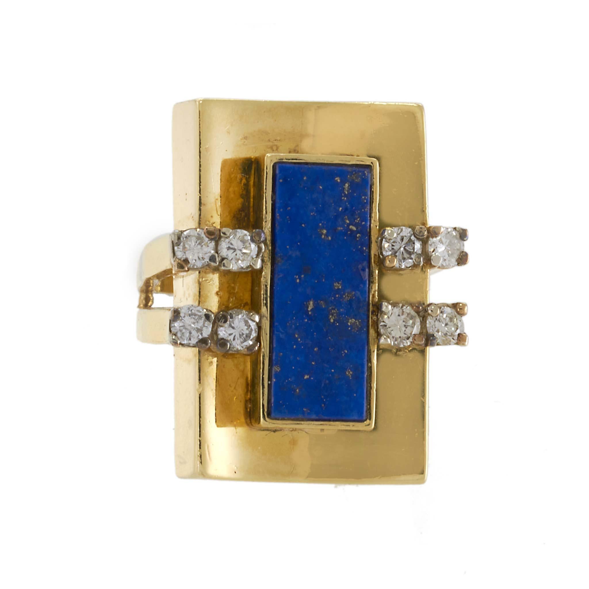Vintage Retro 18KT Yellow Gold Rectangular Lapis & Diamond Cocktail Ring