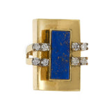 Vintage Retro 18KT Yellow Gold Rectangular Lapis & Diamond Cocktail Ring